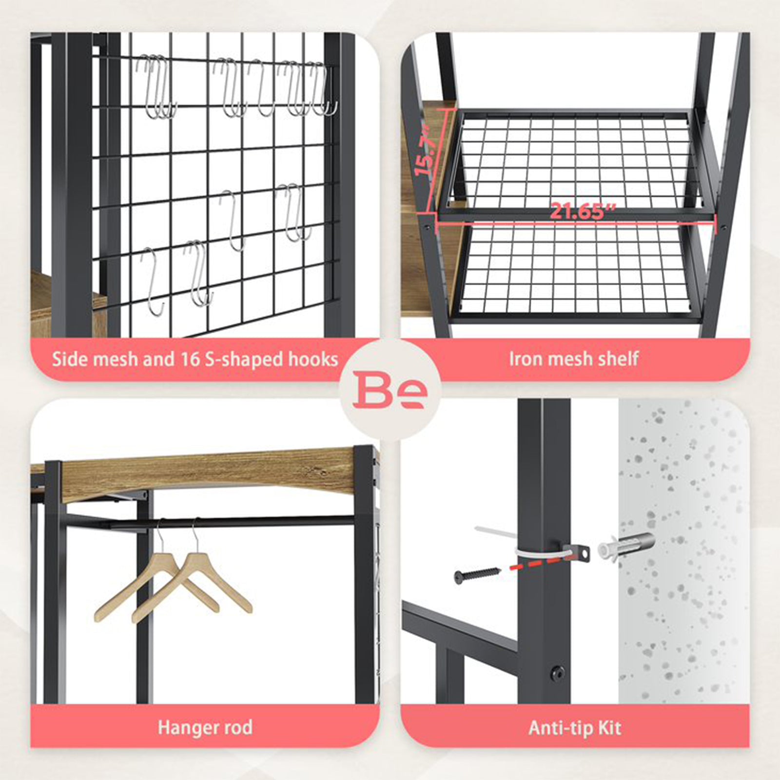 Bestier Metal Freestand Wardrobe w/Wood Shelves & Color Changing Lights, Oak - VMInnovations