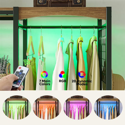 Metal Freestand Wardrobe w/Wood Shelves & Color Changing Lights, Oak (Open Box)