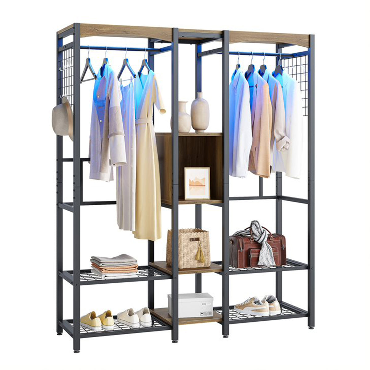 Metal Freestand Wardrobe w/Wood Shelves & Color Changing Lights, Oak (Open Box)