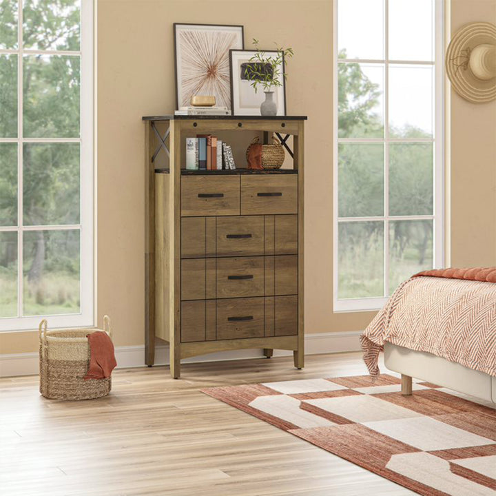 Bestier Storage Cabinet w/2 Shelves and 5 Drawers, Brown (Open Box) - VMInnovations