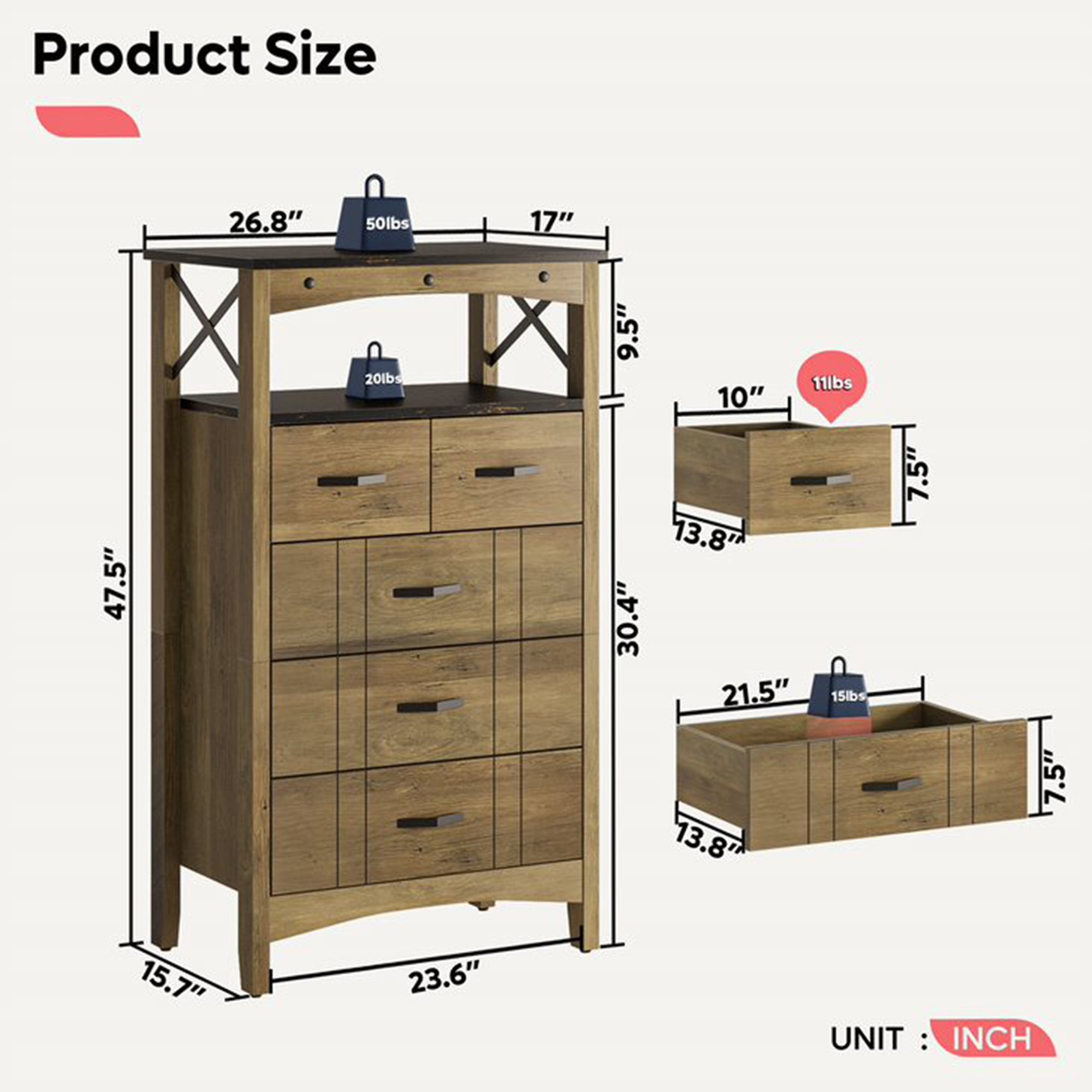 Bestier Hallway & Living Room Storage Cabinet w/ 2 Shelves and 5 Drawers, Brown - VMInnovations