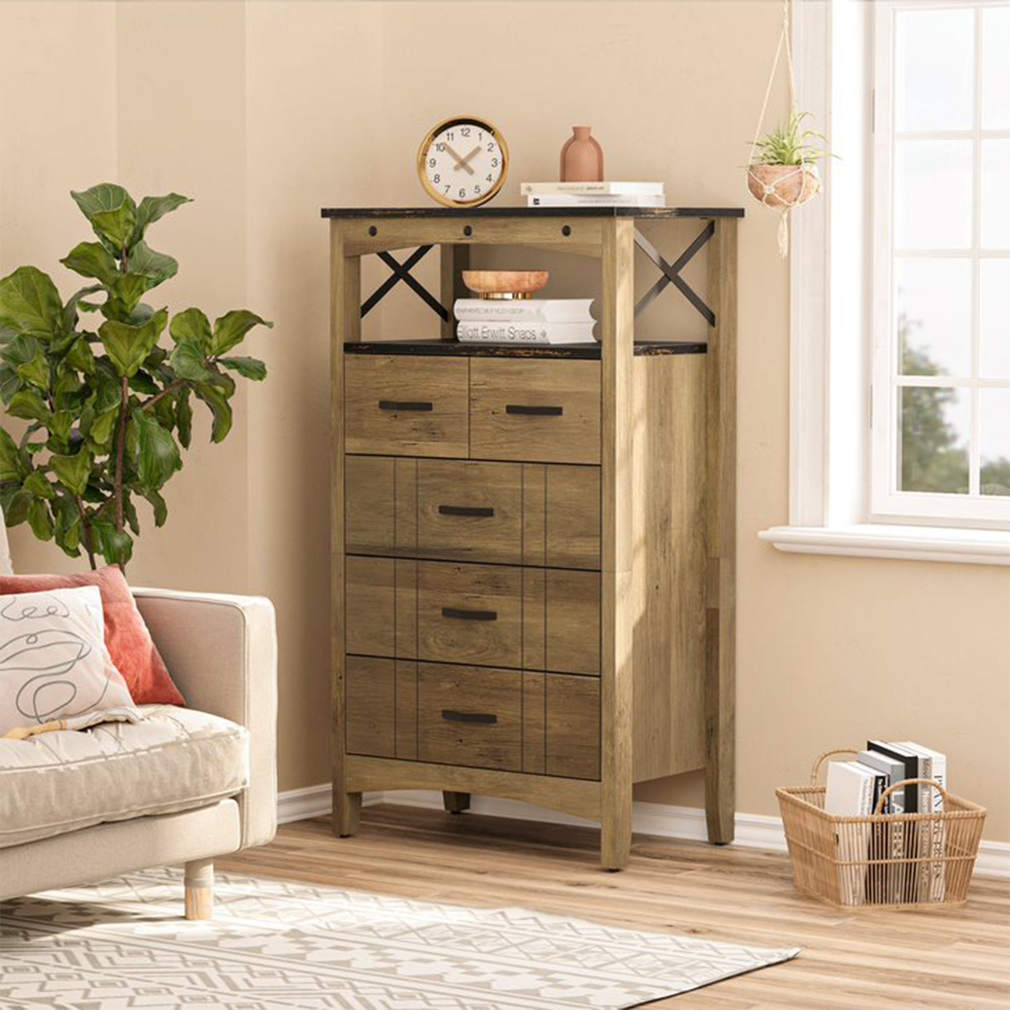 Bestier Hallway & Living Room Storage Cabinet w/ 2 Shelves and 5 Drawers, Brown - VMInnovations