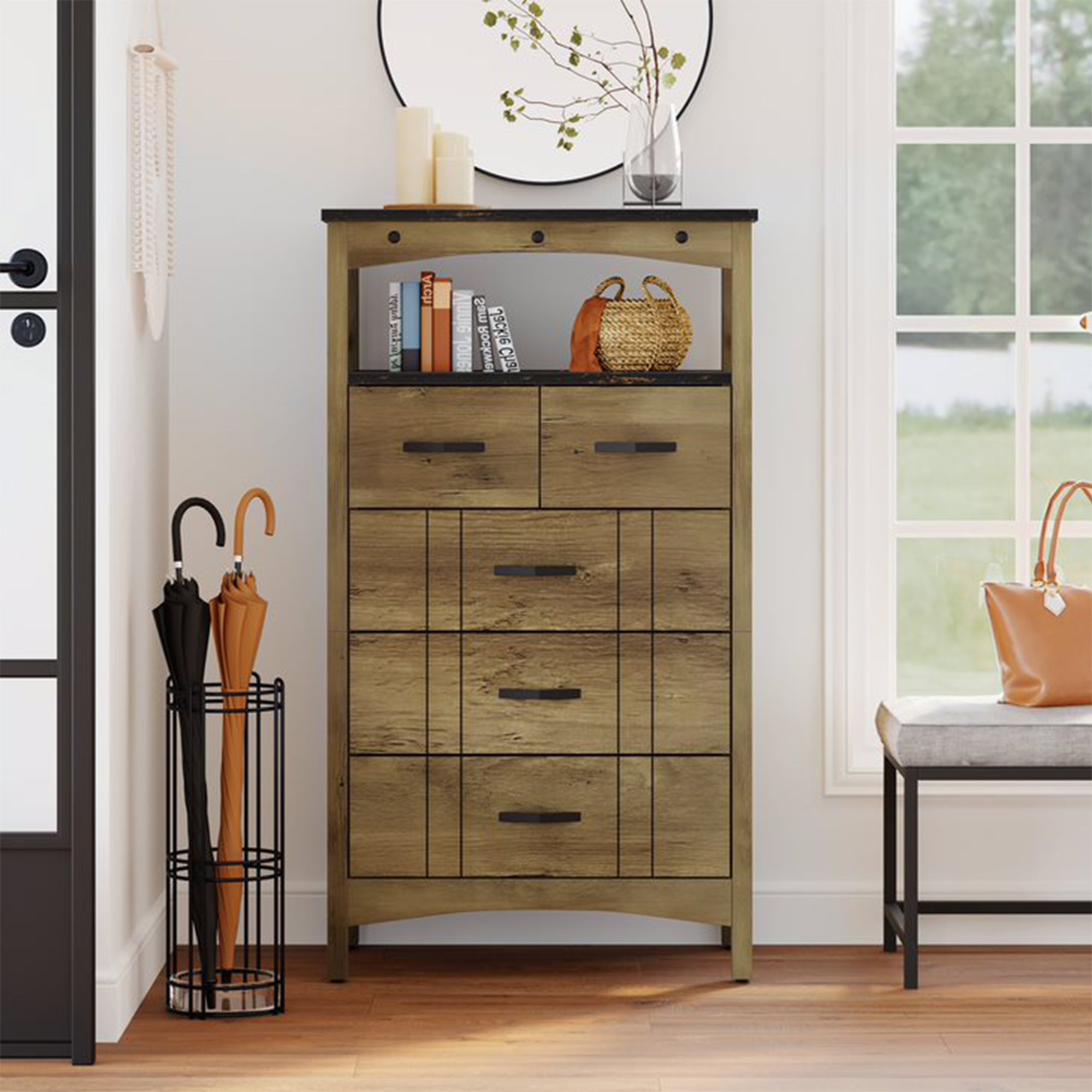 Bestier Hallway & Living Room Storage Cabinet w/ 2 Shelves and 5 Drawers, Brown - VMInnovations