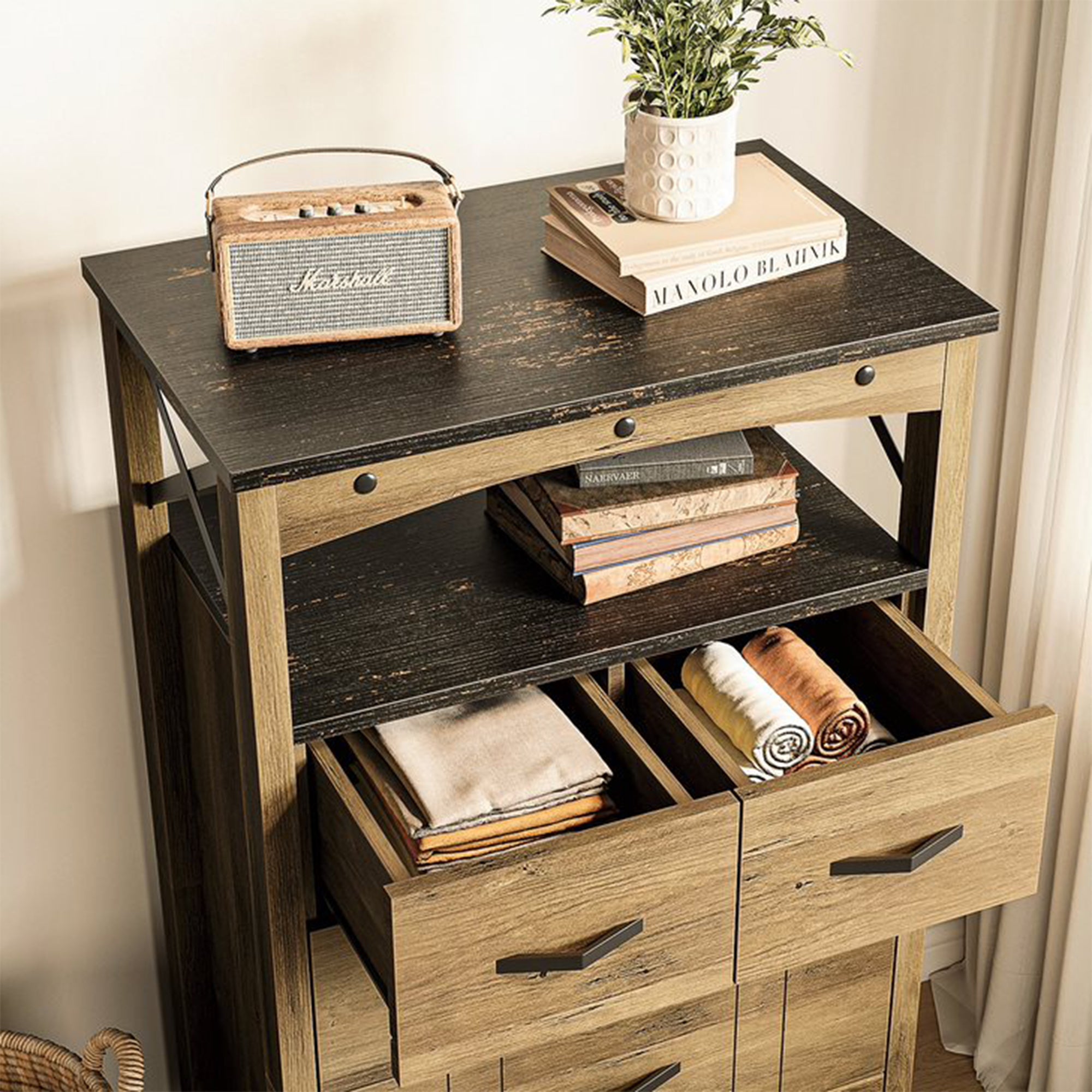 Bestier Hallway & Living Room Storage Cabinet w/ 2 Shelves and 5 Drawers, Brown - VMInnovations