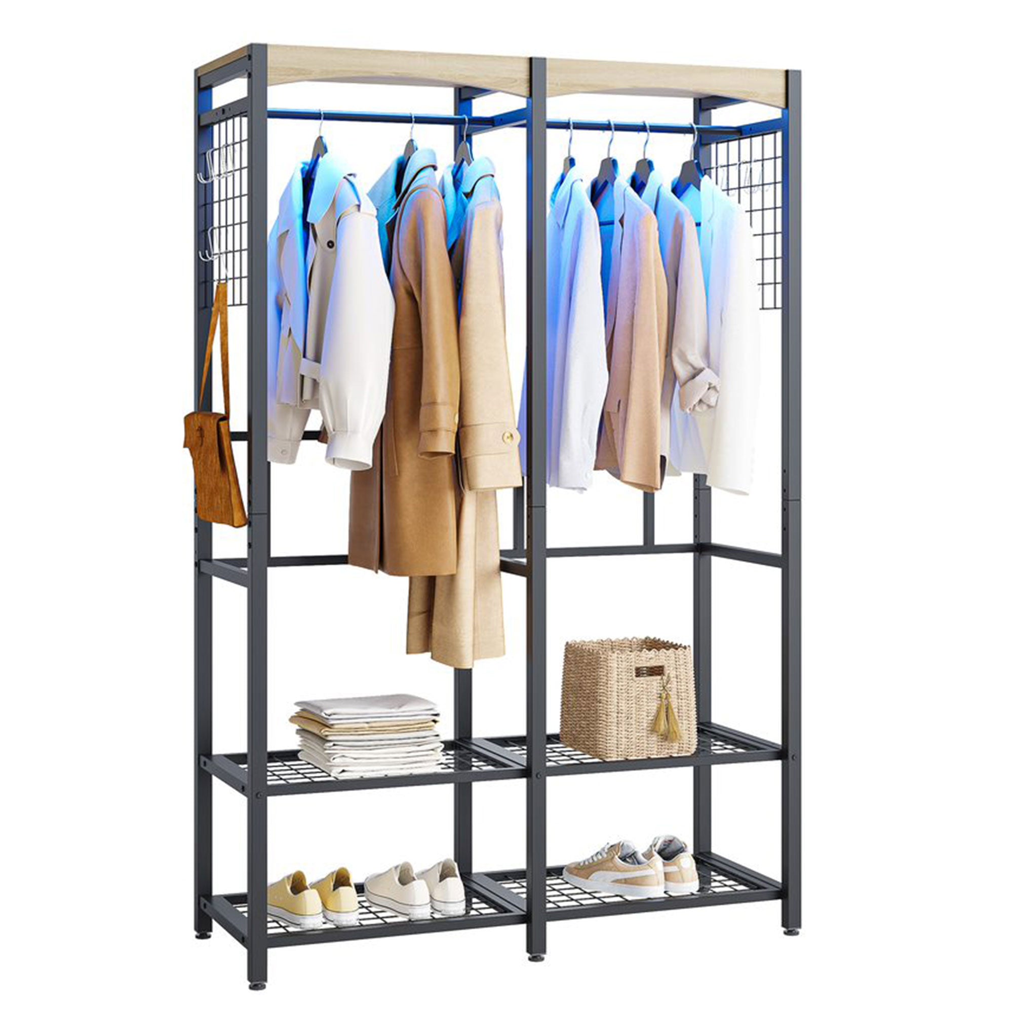 Bestier Metal Freestanding Wardrobe w/ Wood Shelf & Color Changing Lights, Black - VMInnovations