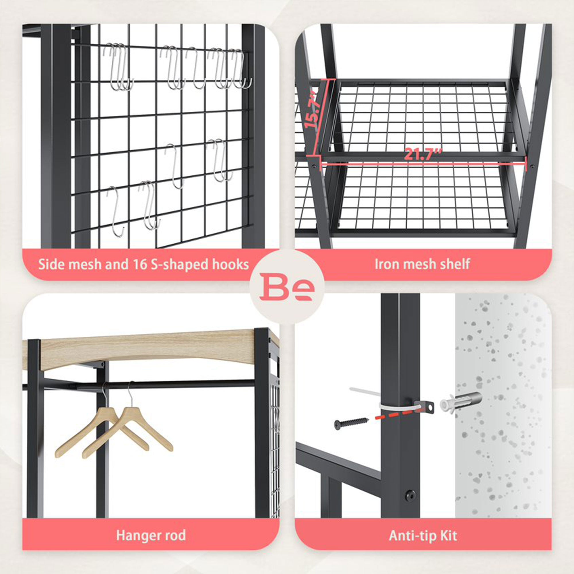 Bestier Metal Freestanding Wardrobe w/ Wood Shelf & Color Changing Lights, Black - VMInnovations