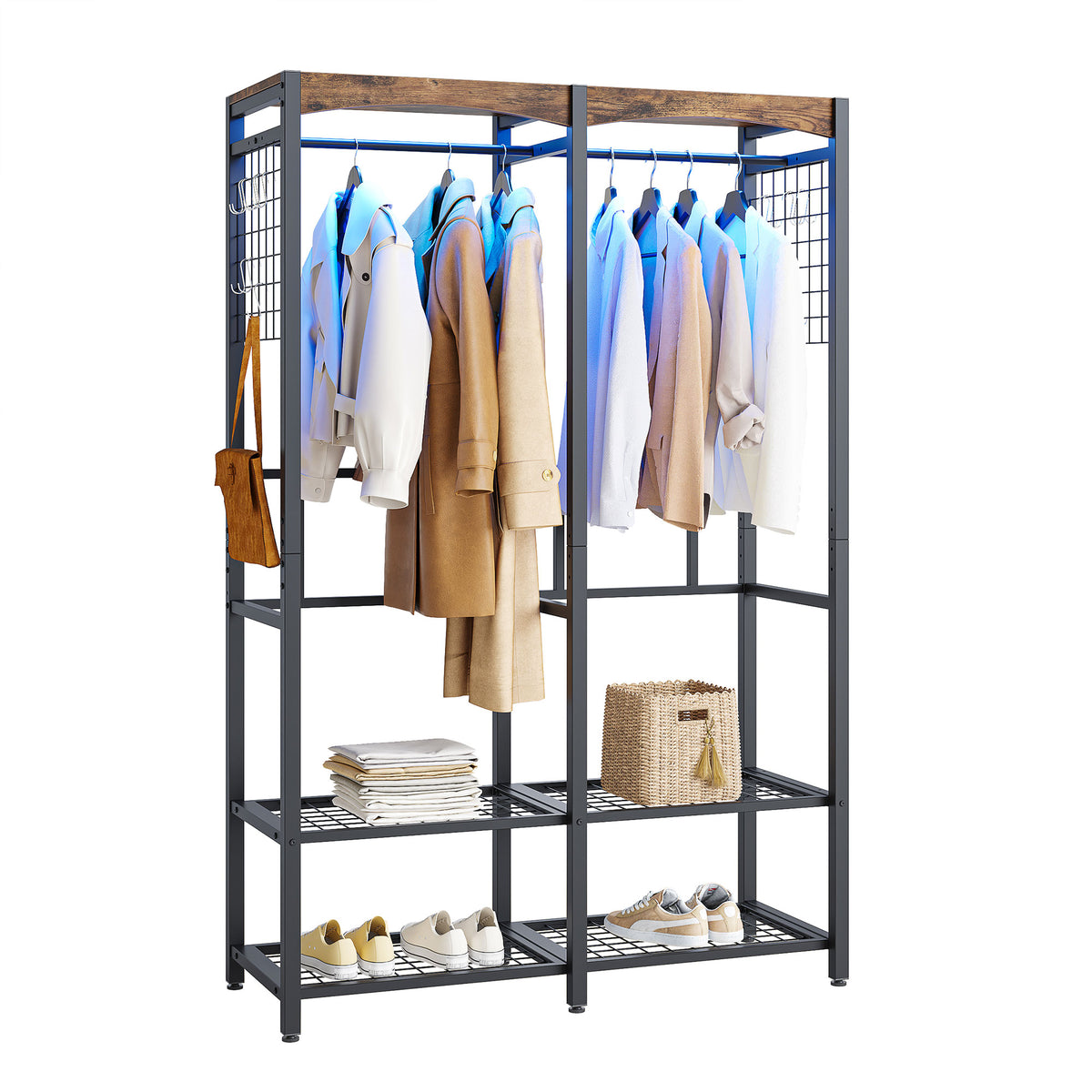 Bestier Metal Freestanding Wardrobe w/Shelf & Color Changing Light, Rustic Brown