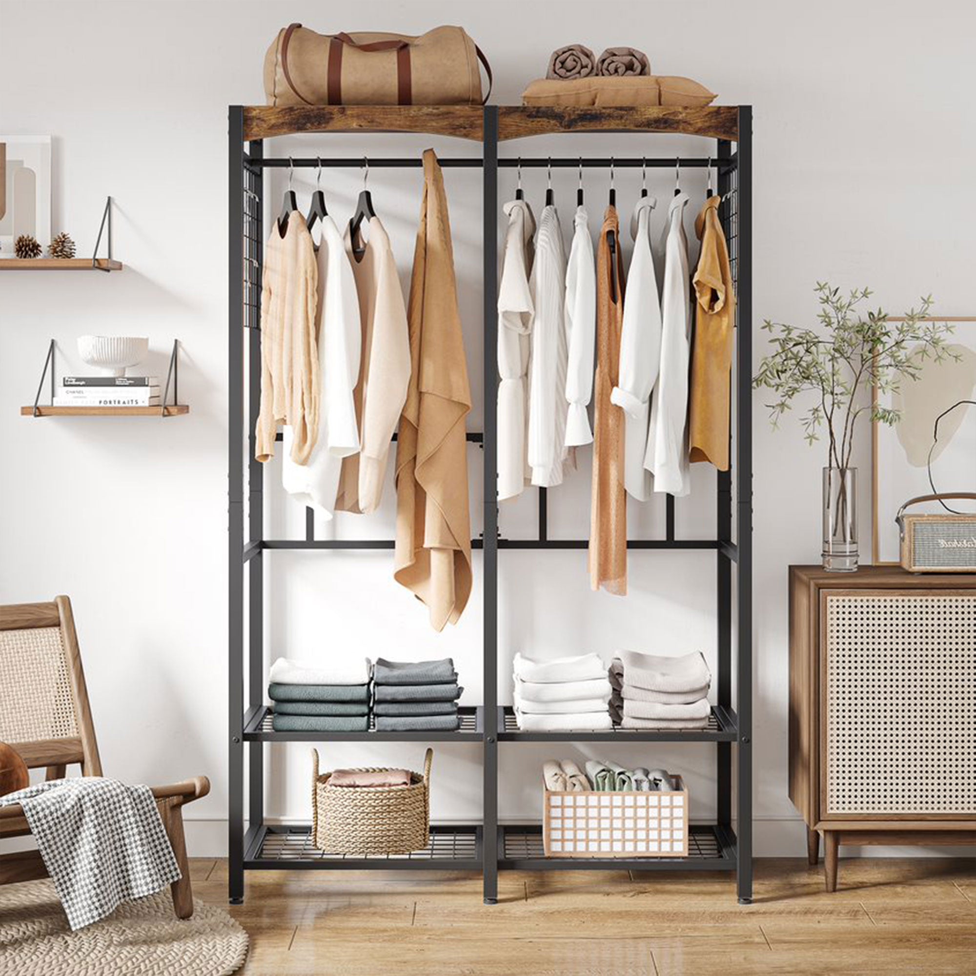 Bestier Metal Freestanding Wardrobe w/Shelf & Color Changing Light, Rustic Brown