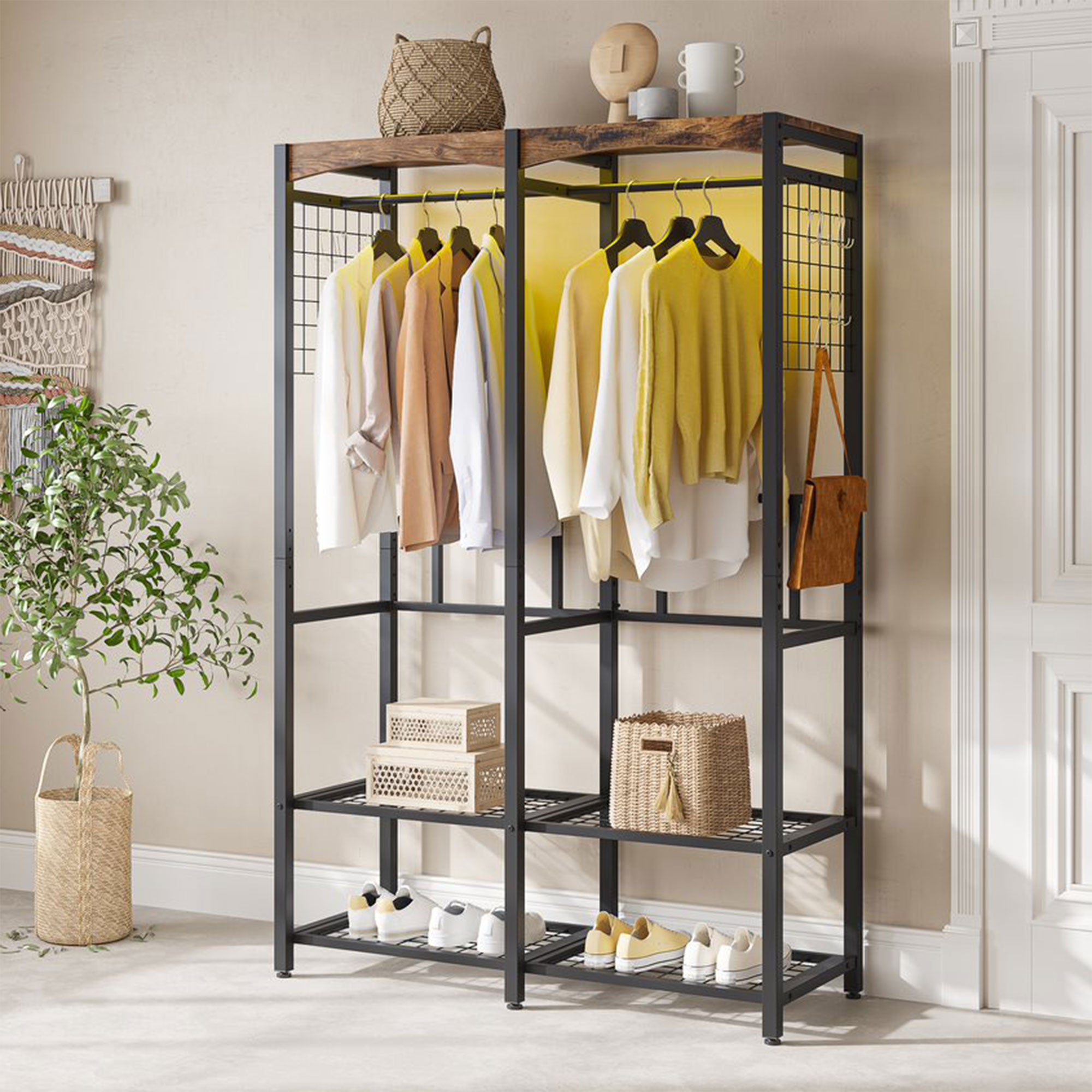 Bestier Metal Freestanding Wardrobe w/Shelf & Color Changing Light, Rustic Brown - VMInnovations