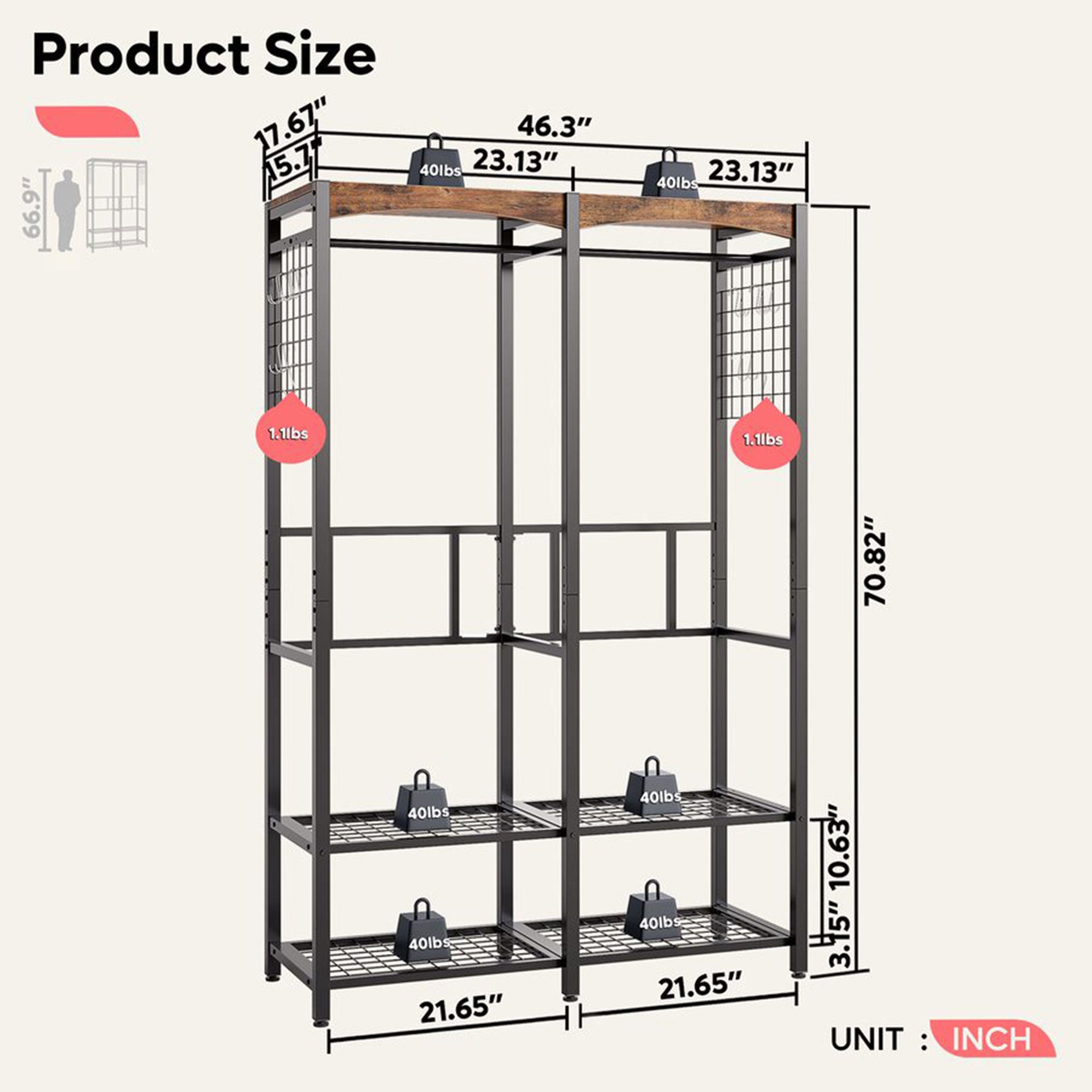 Bestier Metal Freestanding Wardrobe w/Shelf & Color Changing Light, Rustic Brown - VMInnovations