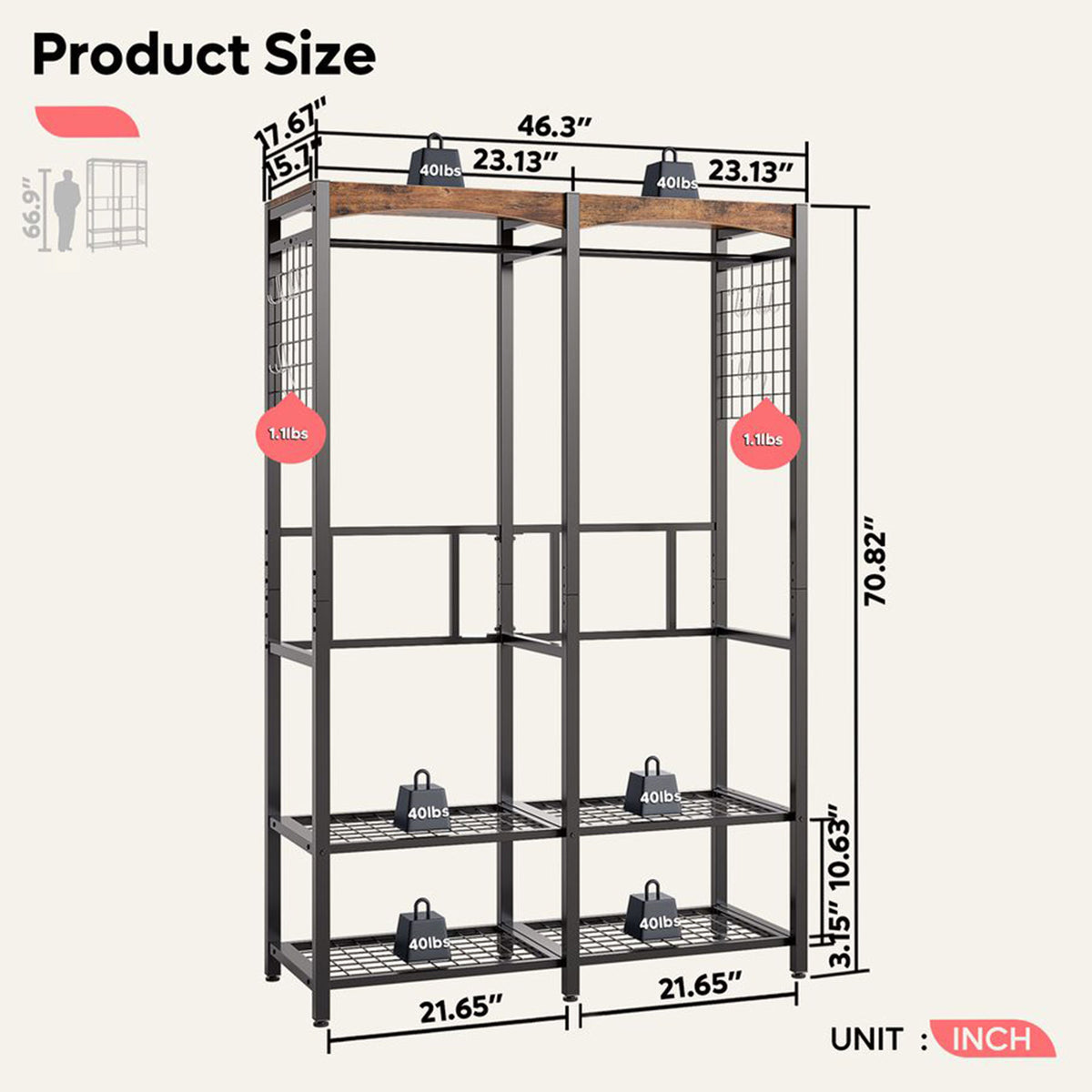 Bestier Metal Freestanding Wardrobe w/Shelf & Color Changing Light, Rustic Brown