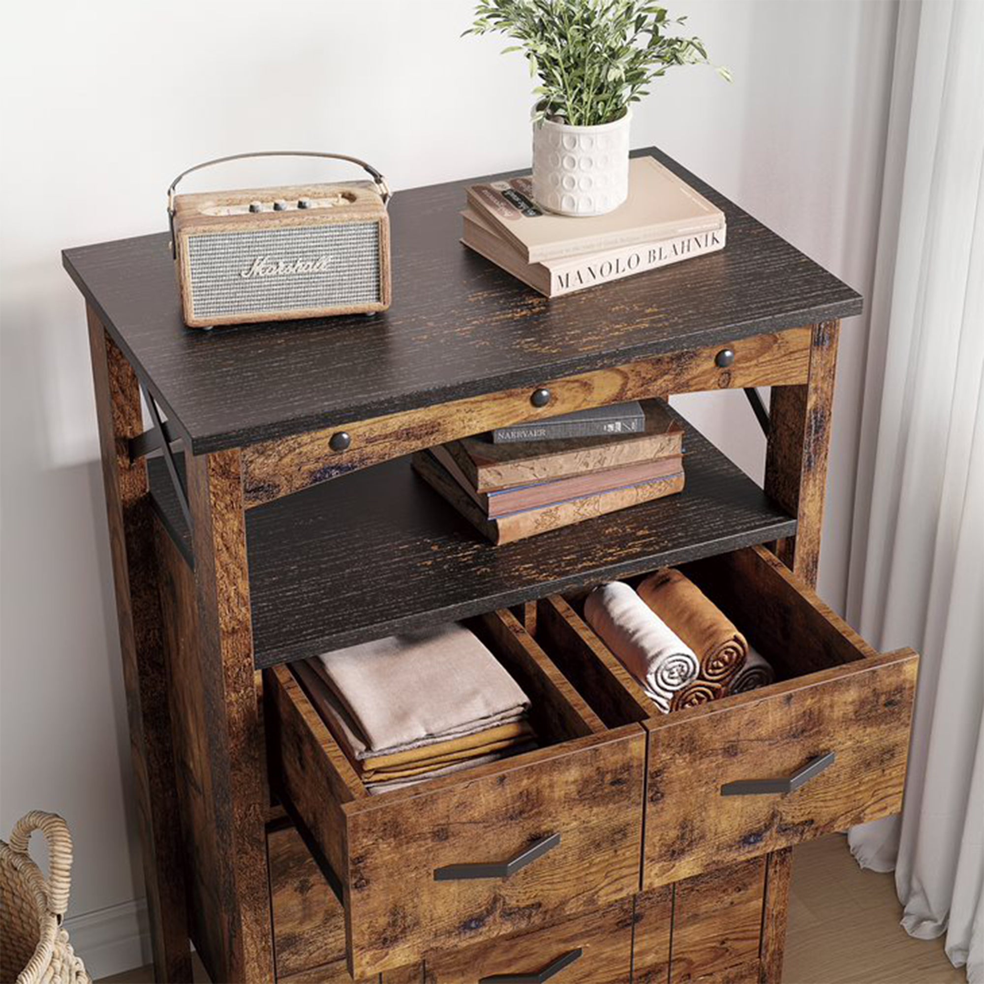 Bestier Living Room Storage Cabinet with 2 Shelves and 4 Drawers (Open Box)