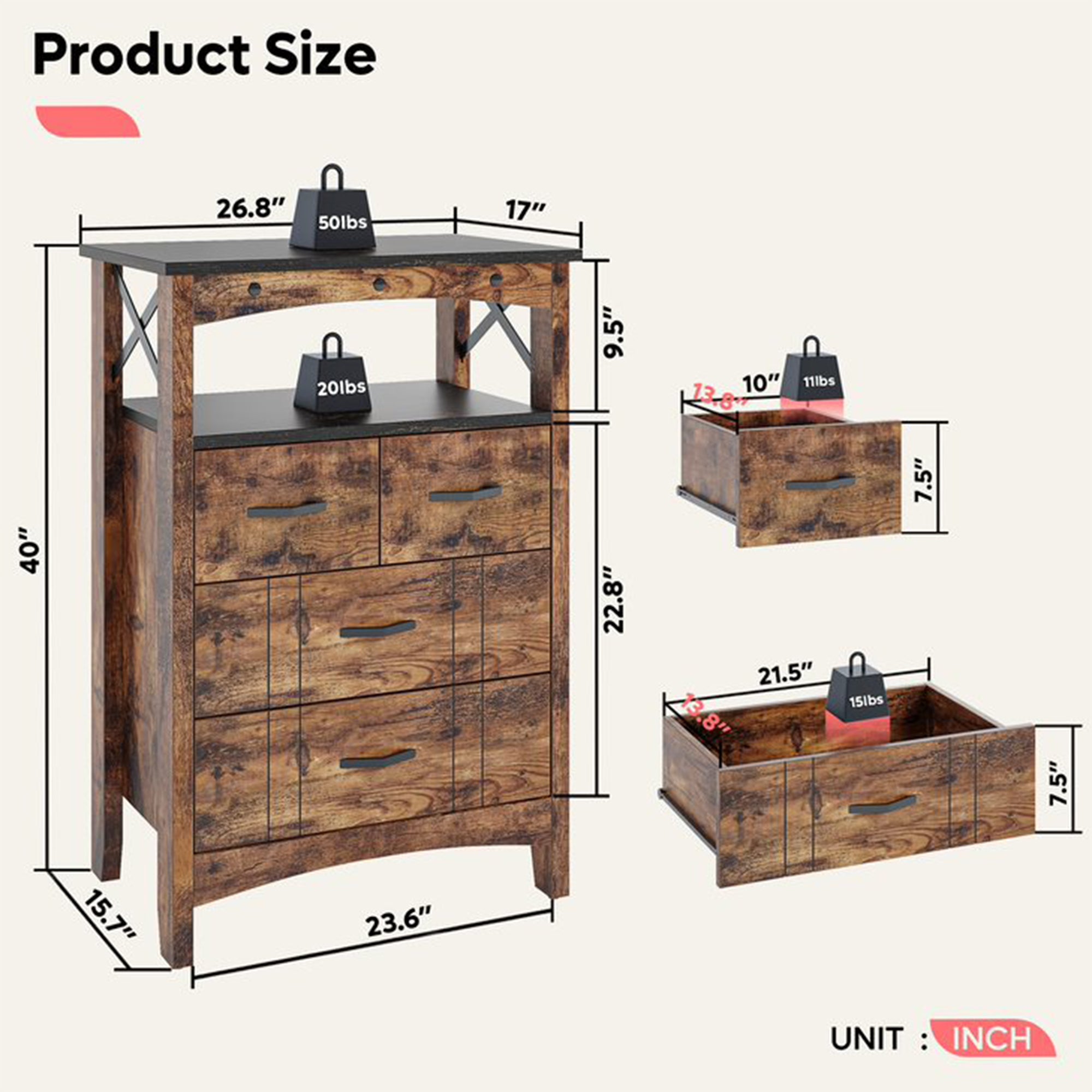 Bestier Living Room Storage Cabinet with 2 Shelves and 4 Drawers (Open Box) - VMInnovations