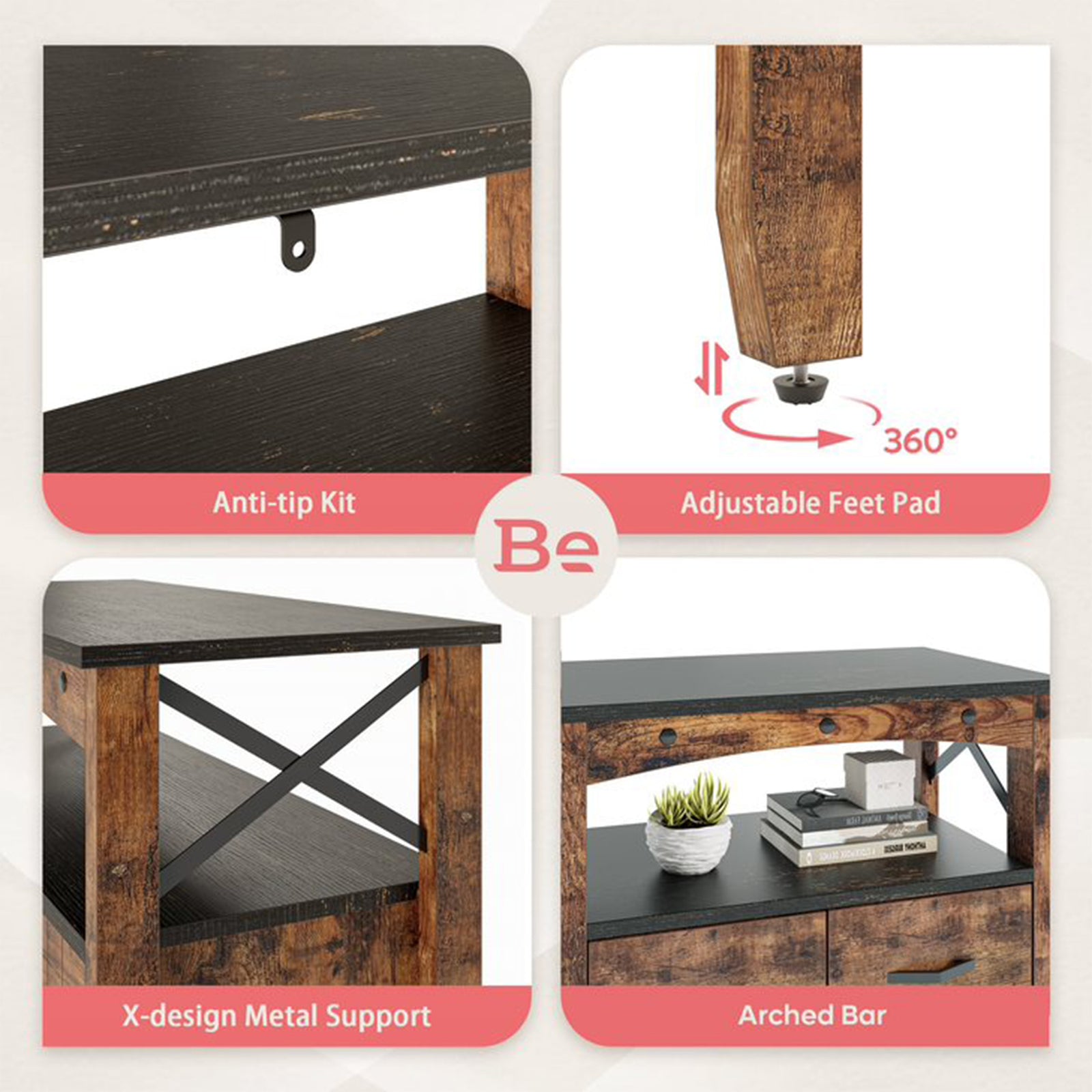 Bestier Living Room Storage Cabinet with 2 Shelves and 4 Drawers, Dark Brown - VMInnovations