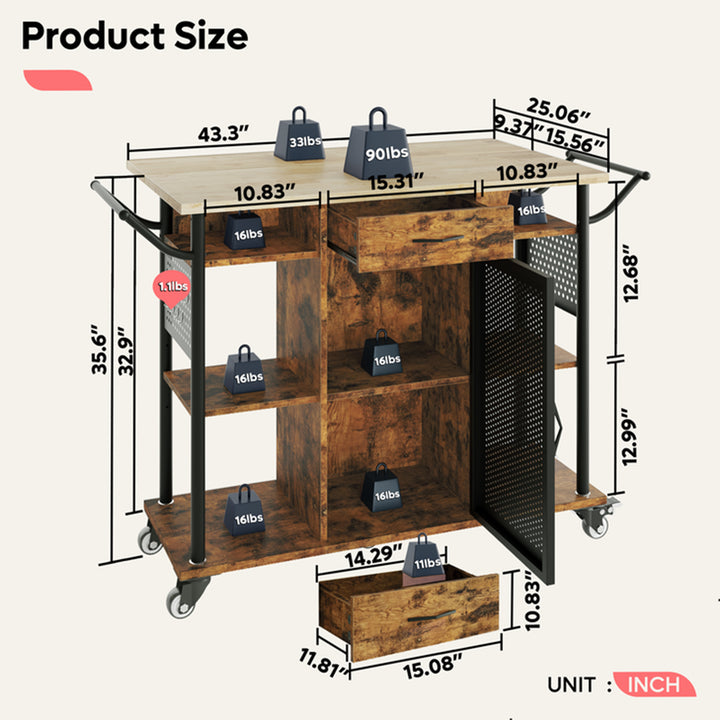 Bestier Rolling Kitchen Utility Cart with Collapsible Surface Extender, Brown