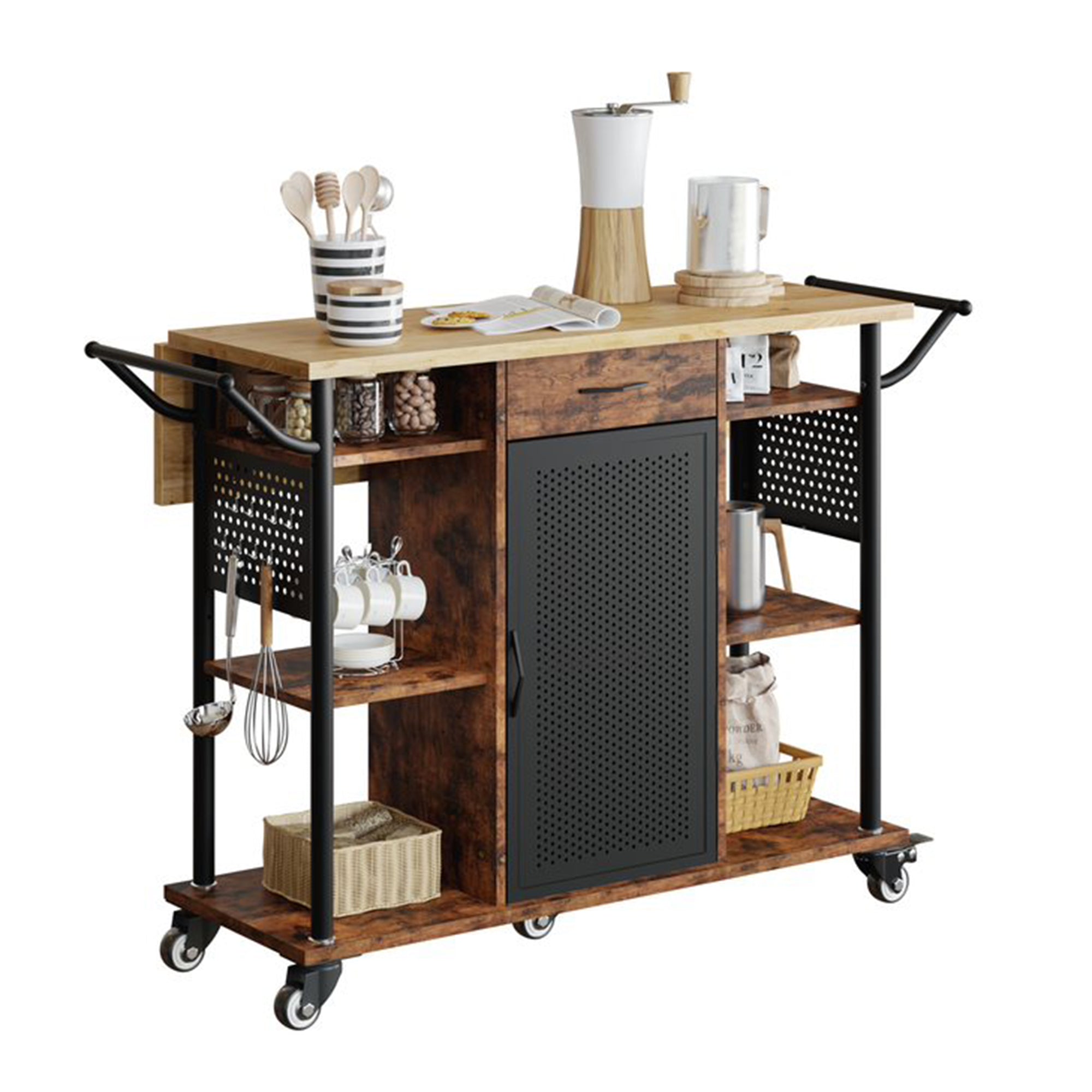 Bestier Rolling Kitchen Cart w/Collapsible Surface Extender, Brown (Open Box) - VMInnovations
