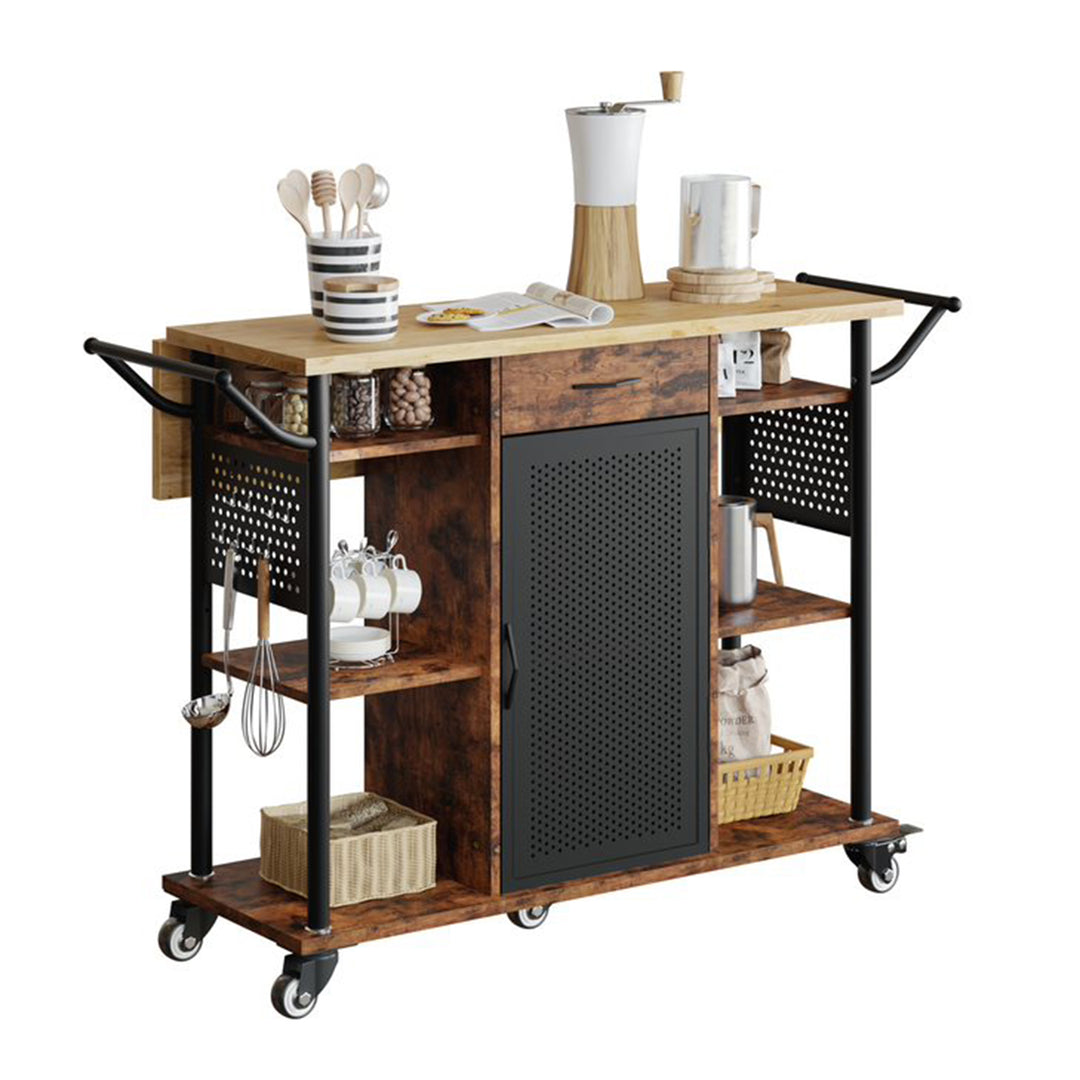 Bestier Rolling Kitchen Cart w/Collapsible Surface Extender, Brown (Open Box)