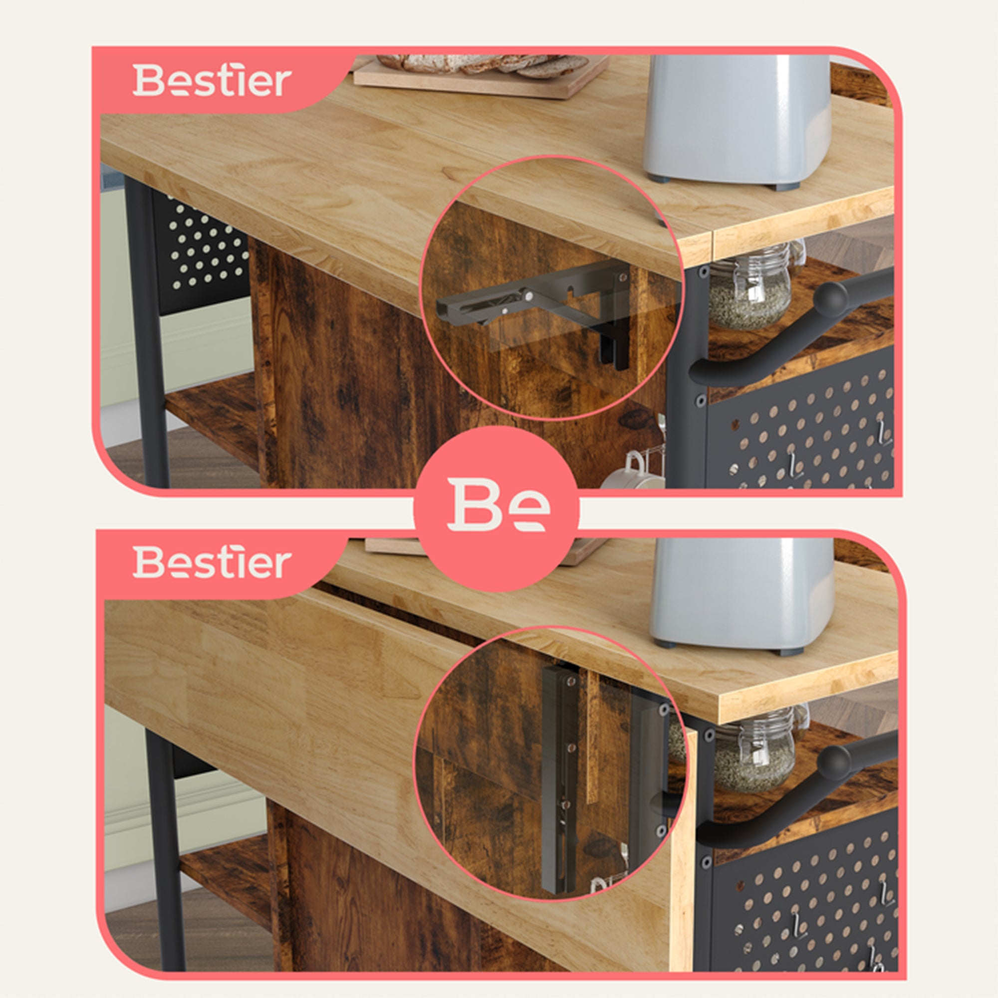 Bestier Rolling Kitchen Cart w/Collapsible Surface Extender, Brown (Open Box) - VMInnovations