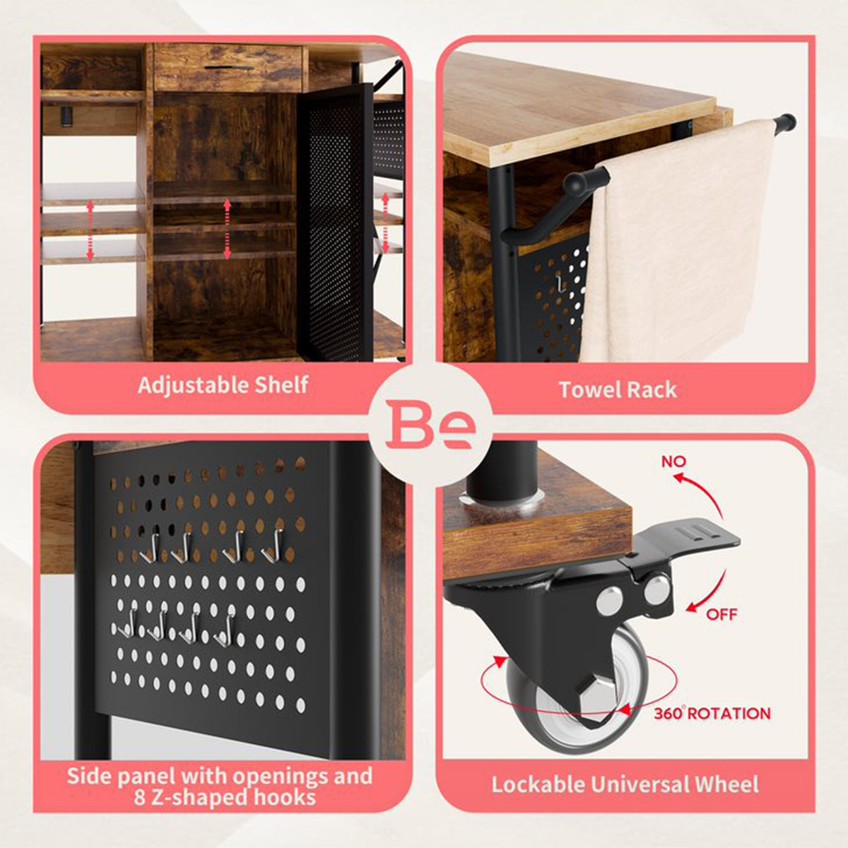 Bestier Rolling Kitchen Cart w/Collapsible Surface Extender, Brown (Open Box) - VMInnovations