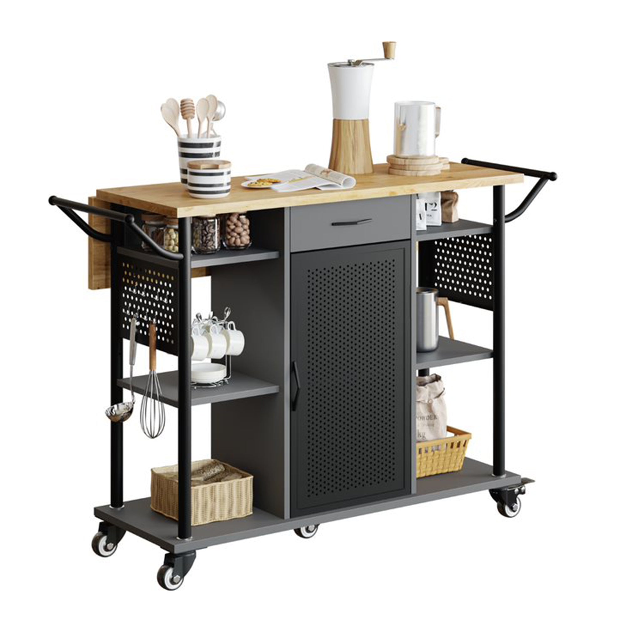Bestier Rolling Kitchen Utility Cart with Collapsible Surface Extender, Grey - VMInnovations