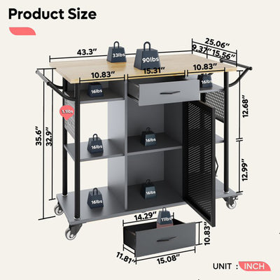Rolling Kitchen Utility Cart with Collapsible Surface Extender, Grey (Open Box)