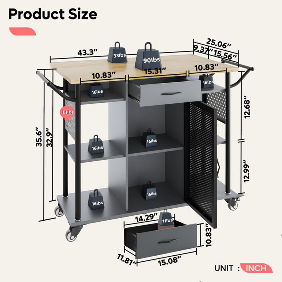 Rolling Kitchen Utility Cart with Collapsible Surface Extender, Grey (Open Box) - VMInnovations