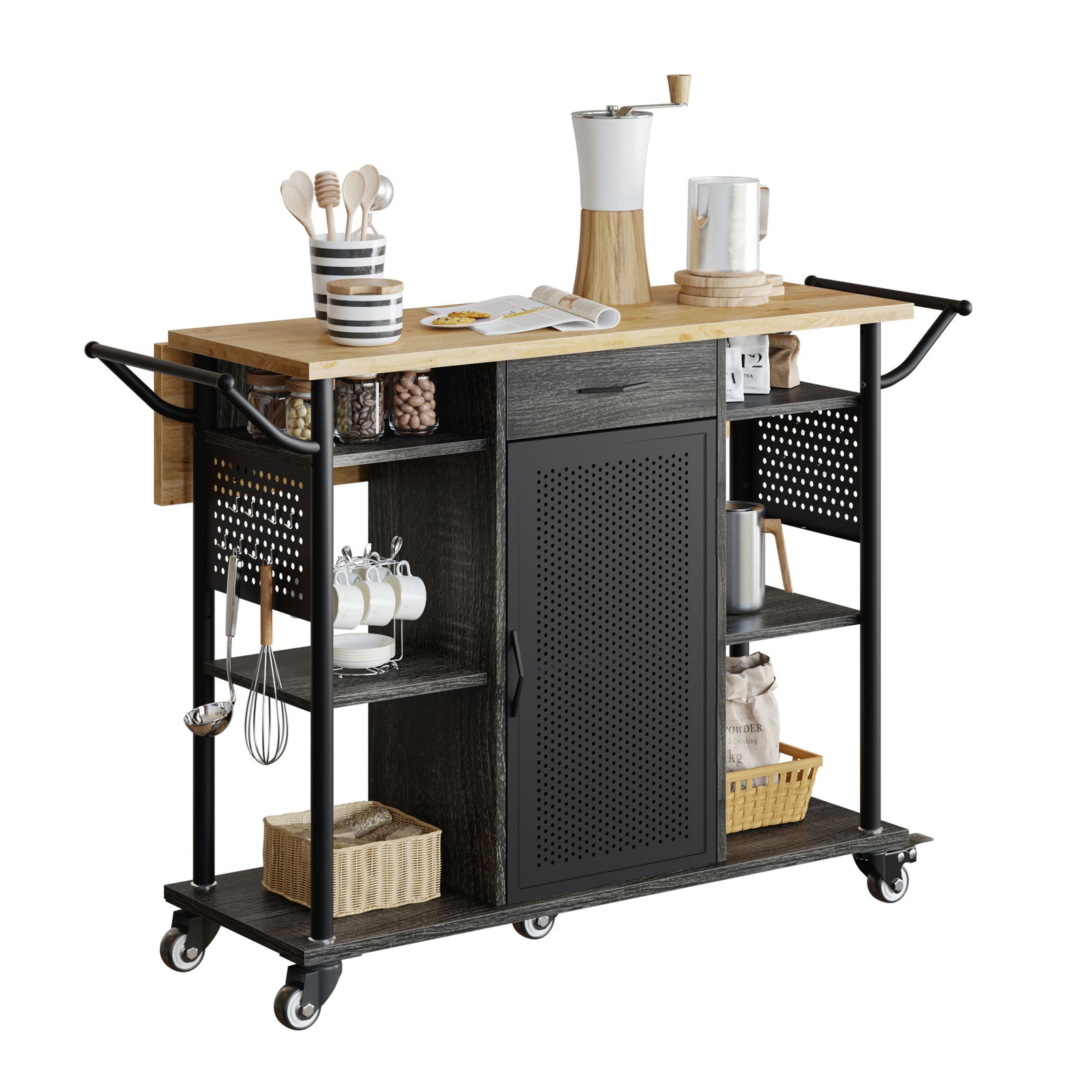Bestier Rolling Kitchen Utility Cart with Collapsible Surface Extender, Black - VMInnovations
