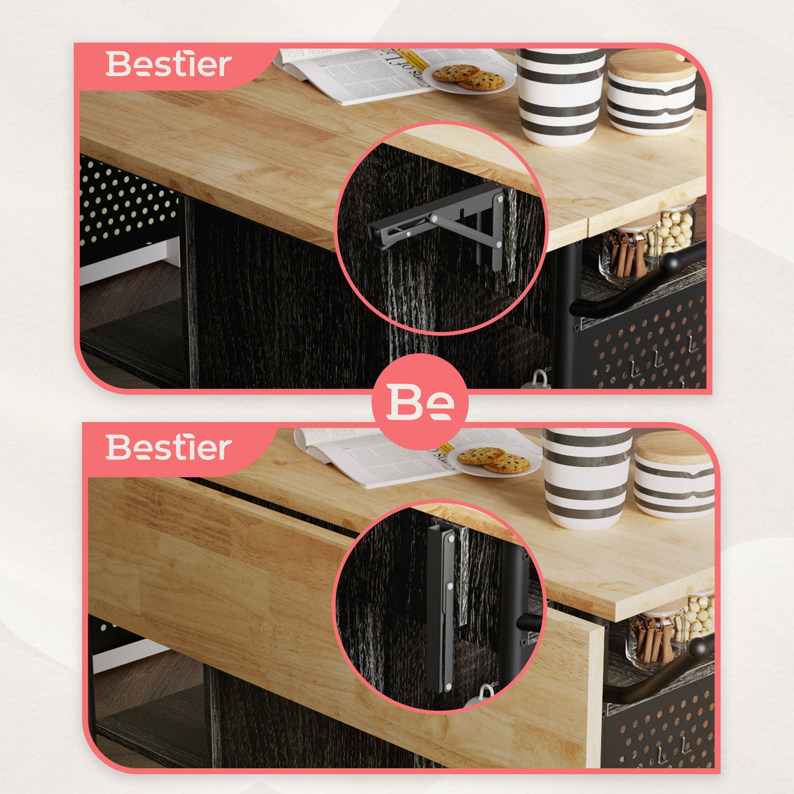 Bestier Rolling Kitchen Utility Cart with Collapsible Surface Extender, Black - VMInnovations