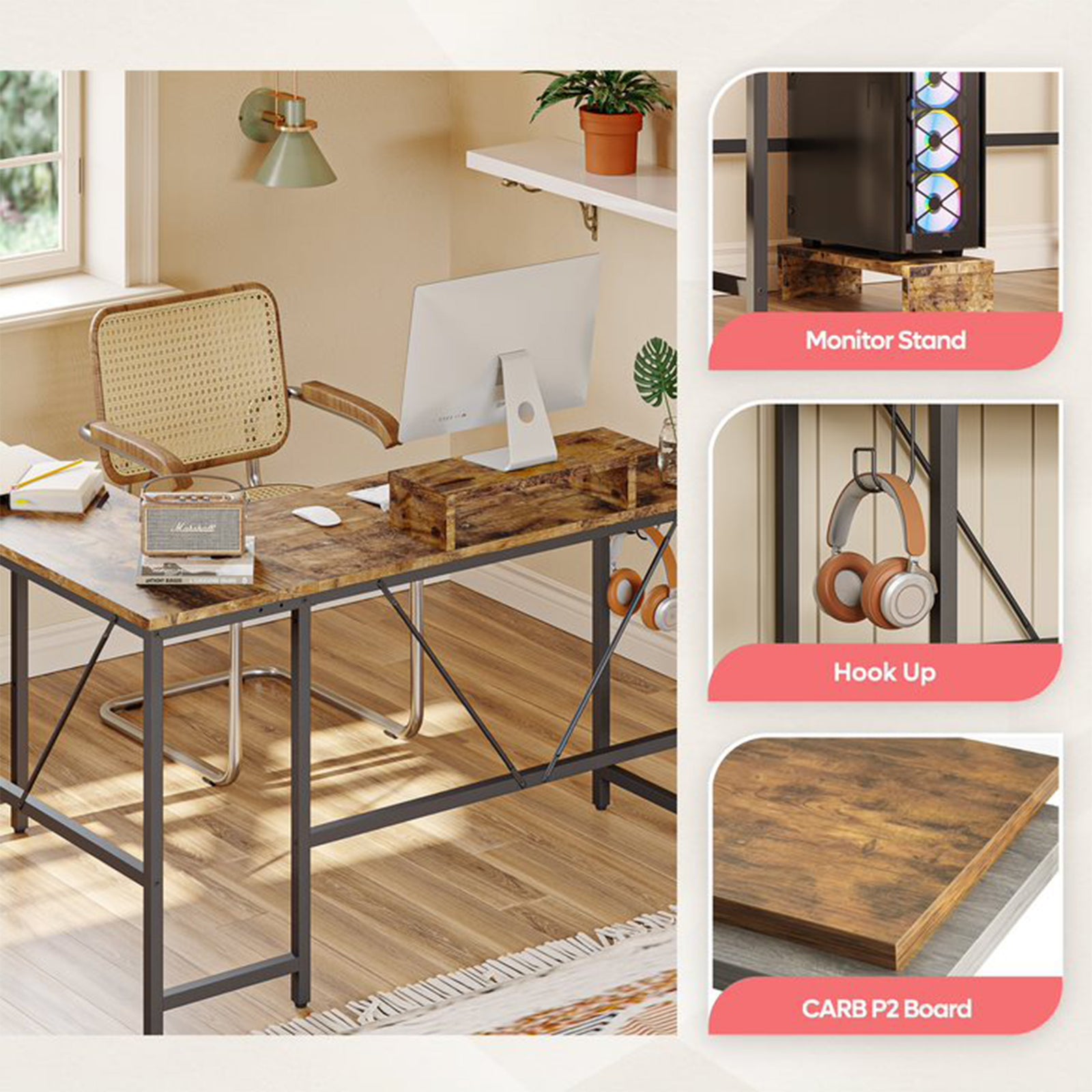 Bestier L Shape Reversible Computer Desk w/ Monitor Stand & Headset Hook, Walnut - VMInnovations