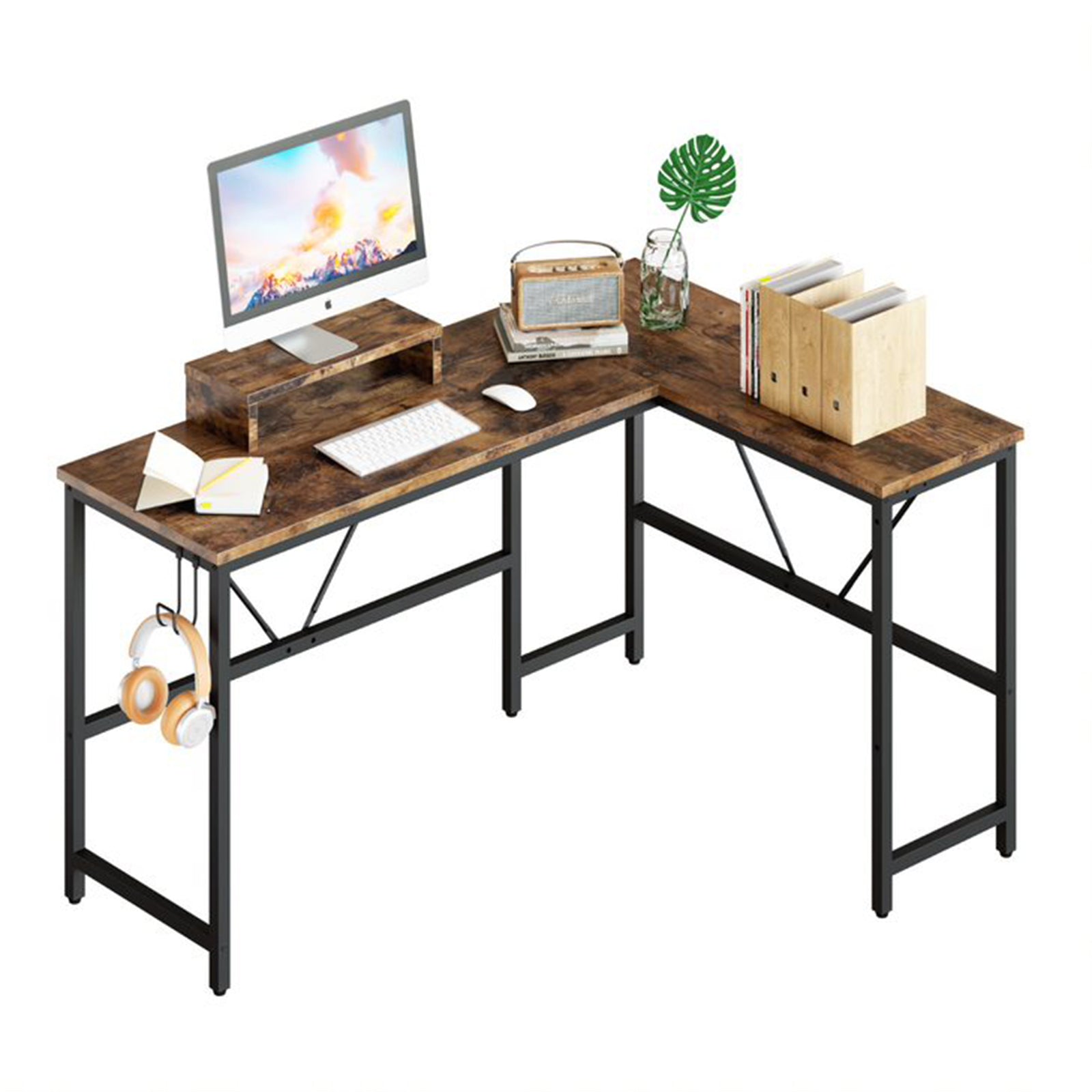 Bestier L Shape Reversible Computer Desk w/ Monitor Stand & Headset Hook, Walnut - VMInnovations
