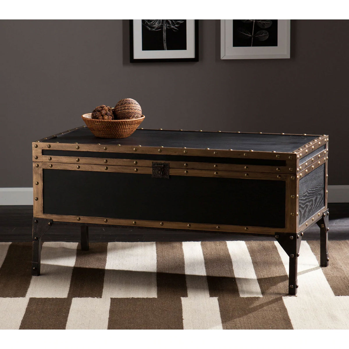 SEI Furniture Drifton Vintage Travel Trunk Cocktail Table, Black w/ Bronze Trim