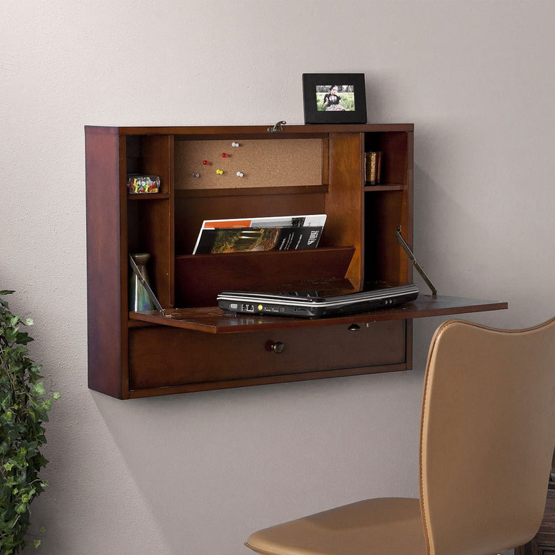 SEI Furniture Wall Mounted Foldable Laptop Desk with Cork Board, Brown Mahogany