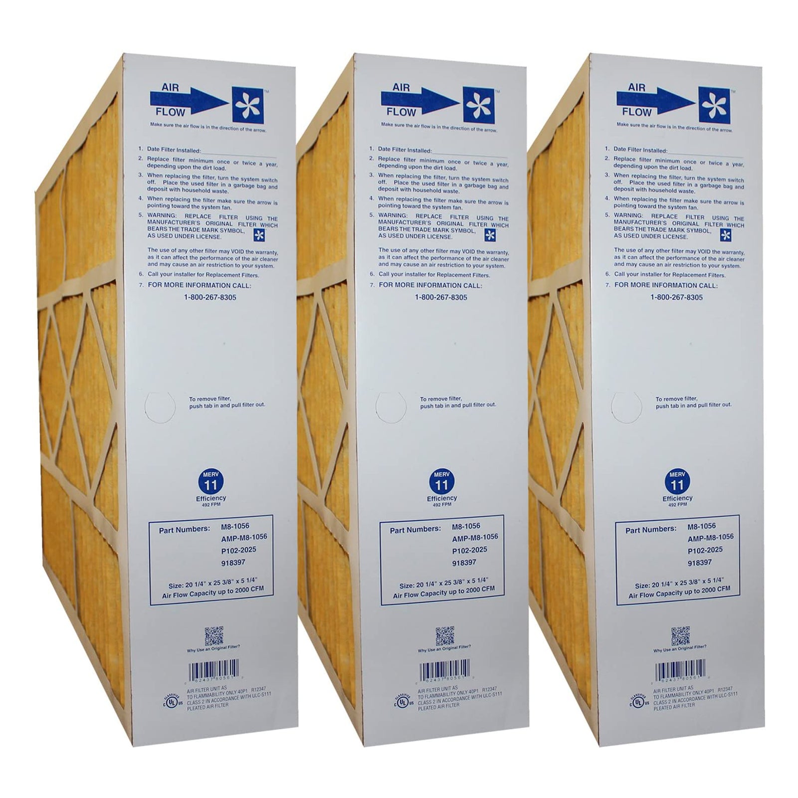 MJ Brunin M8-1056 Replacement MERV 11 Air Filter, 25.38x5.25x20.25" (3 Pack) - VMInnovations