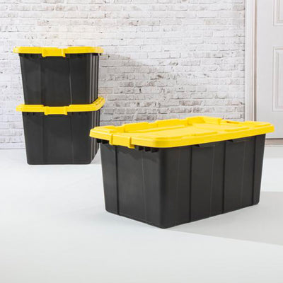 Sterilite 27 Gallon Industrial Storage Tote w/ Latching Lid, Black/Yellow, 8 Ct