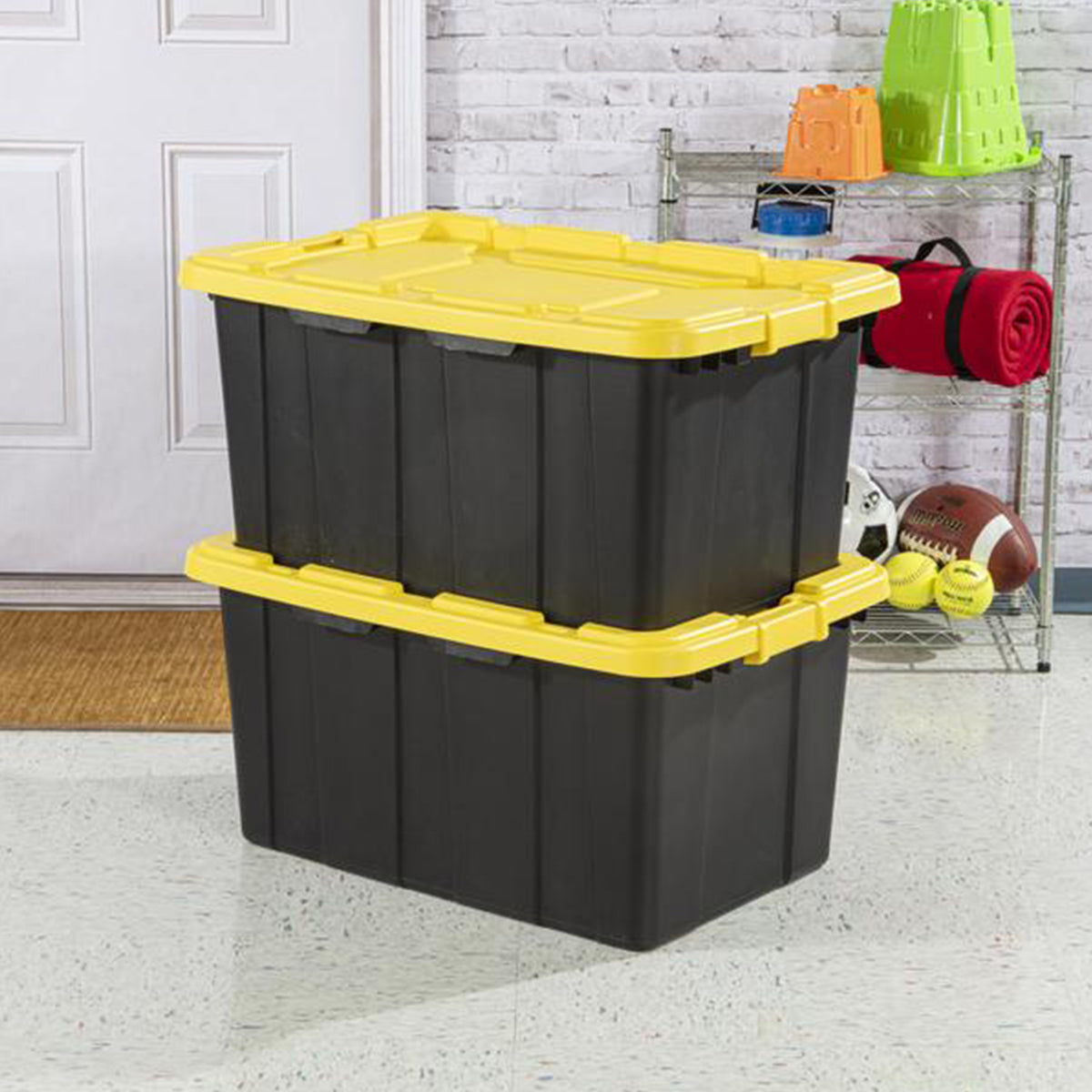 Sterilite 27 Gallon Industrial Storage Tote w/ Latching Lid, Black/Yellow, 12 Ct