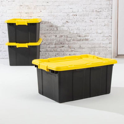 Sterilite 15 Gallon Industrial Storage Tote with Latching Lid, Black and Yellow (16 Pack)
