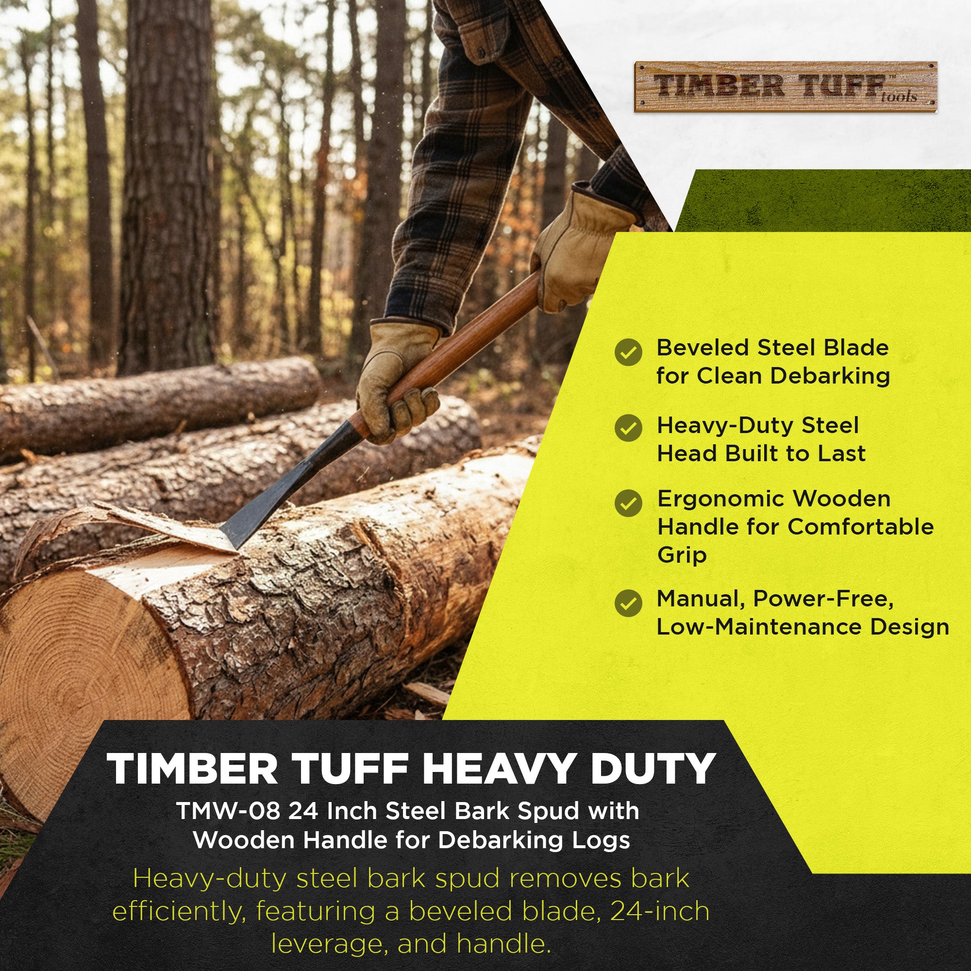 Timber Tuff TMW-08 24 Inch Steel Bark Spud with Wooden Handle for Debarking Logs - VMInnovations