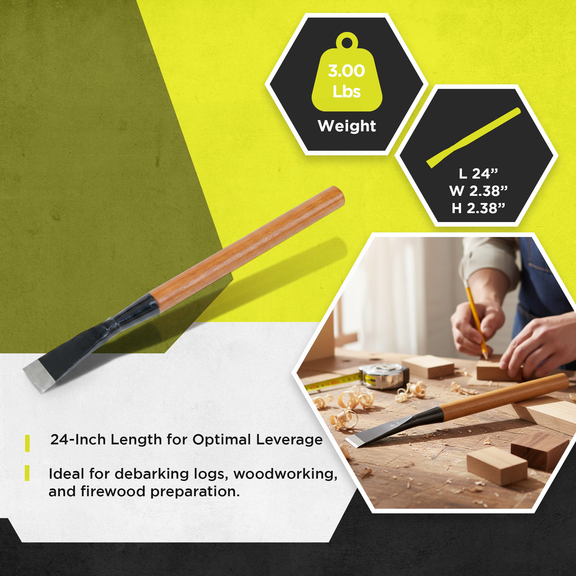 Timber Tuff TMW-08 24 Inch Steel Bark Spud with Wooden Handle for Debarking Logs - VMInnovations