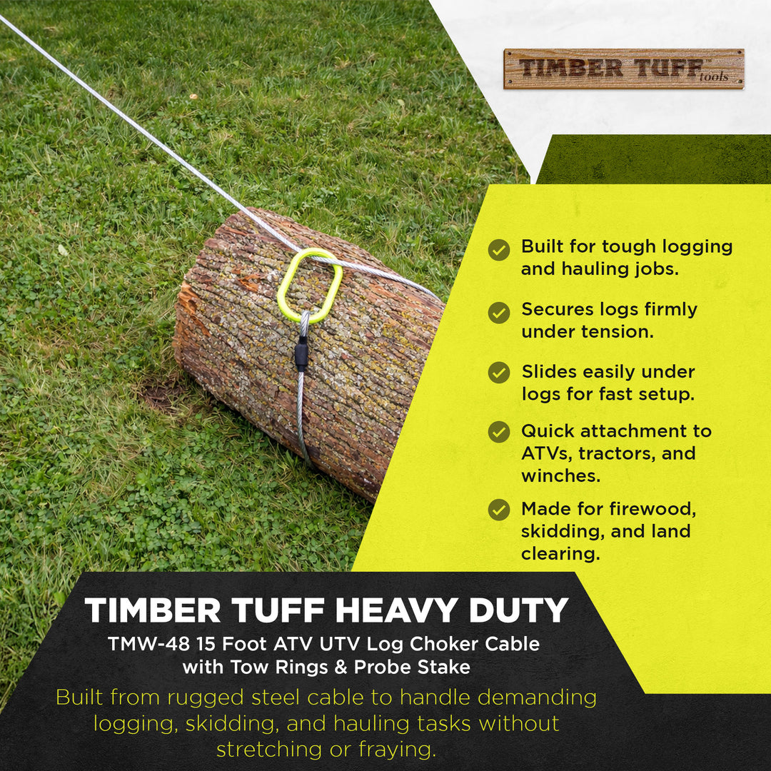 Timber Tuff TMW-48 15 Foot ATV UTV Log Choker Cable with Tow Rings & Probe Stake - VMInnovations