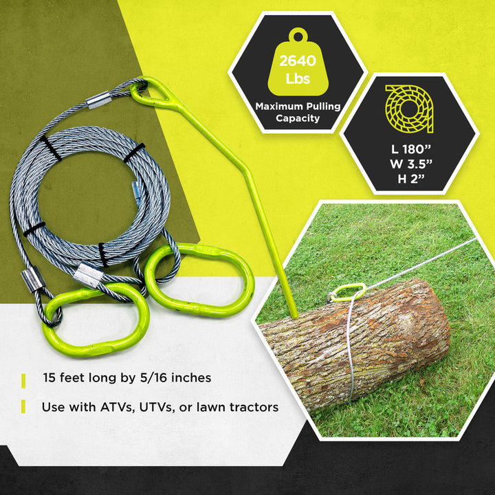 Timber Tuff TMW-48 15 Foot ATV UTV Log Choker Cable with Tow Rings & Probe Stake - VMInnovations