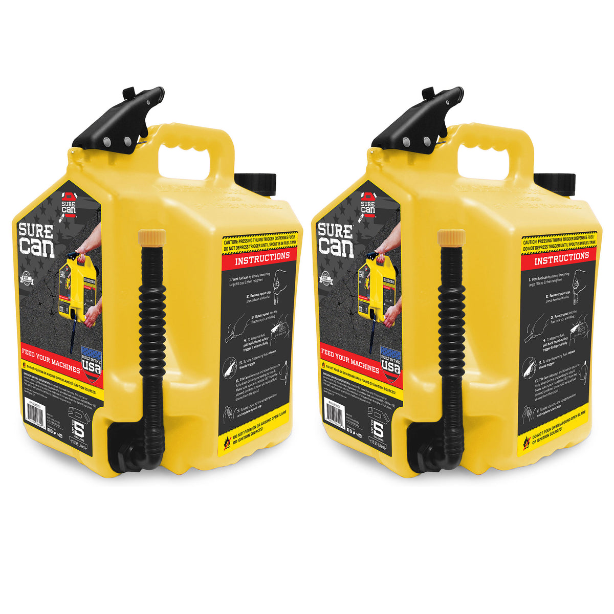 SureCan 5 Gallon Controlled Flow Gas Fuel Can w/Rotating Nozzle, Yellow (2 Pack)