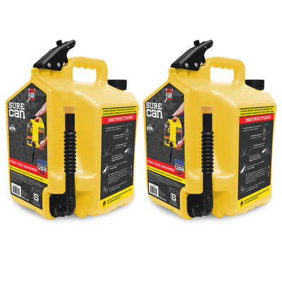 SureCan 5 Gallon Controlled Flow Gas Fuel Can w/Rotating Nozzle, Yellow (2 Pack)