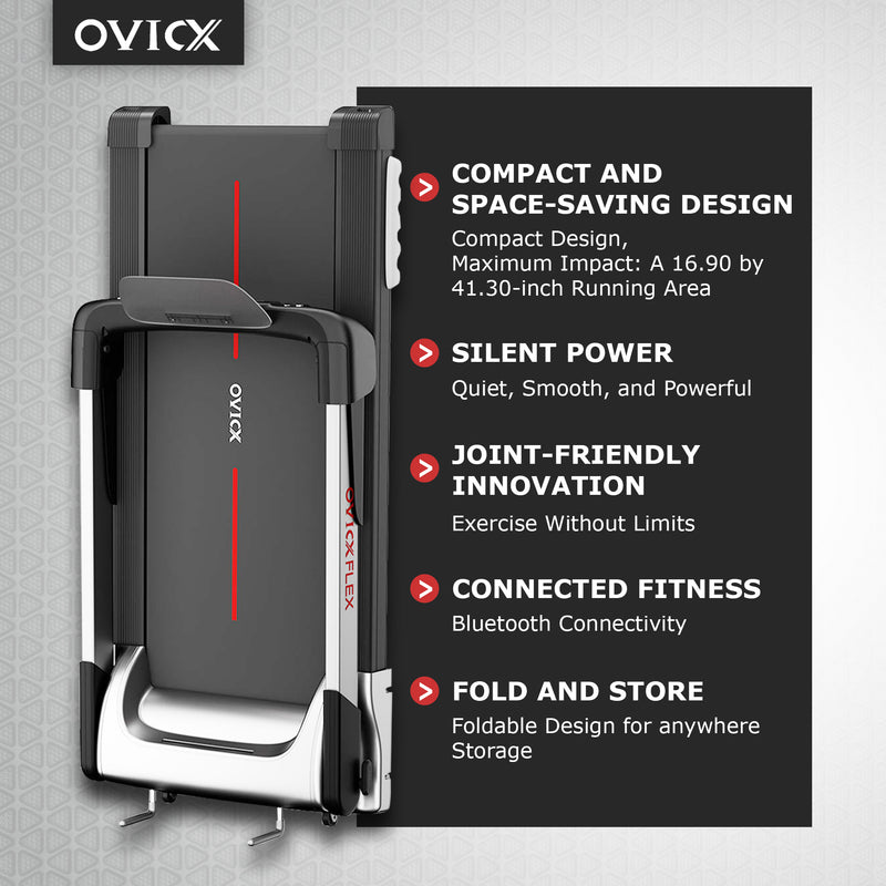 OVICX Quiet Portable Folding Flex Treadmill w/ Bluetooth & Fitness Tracking App
