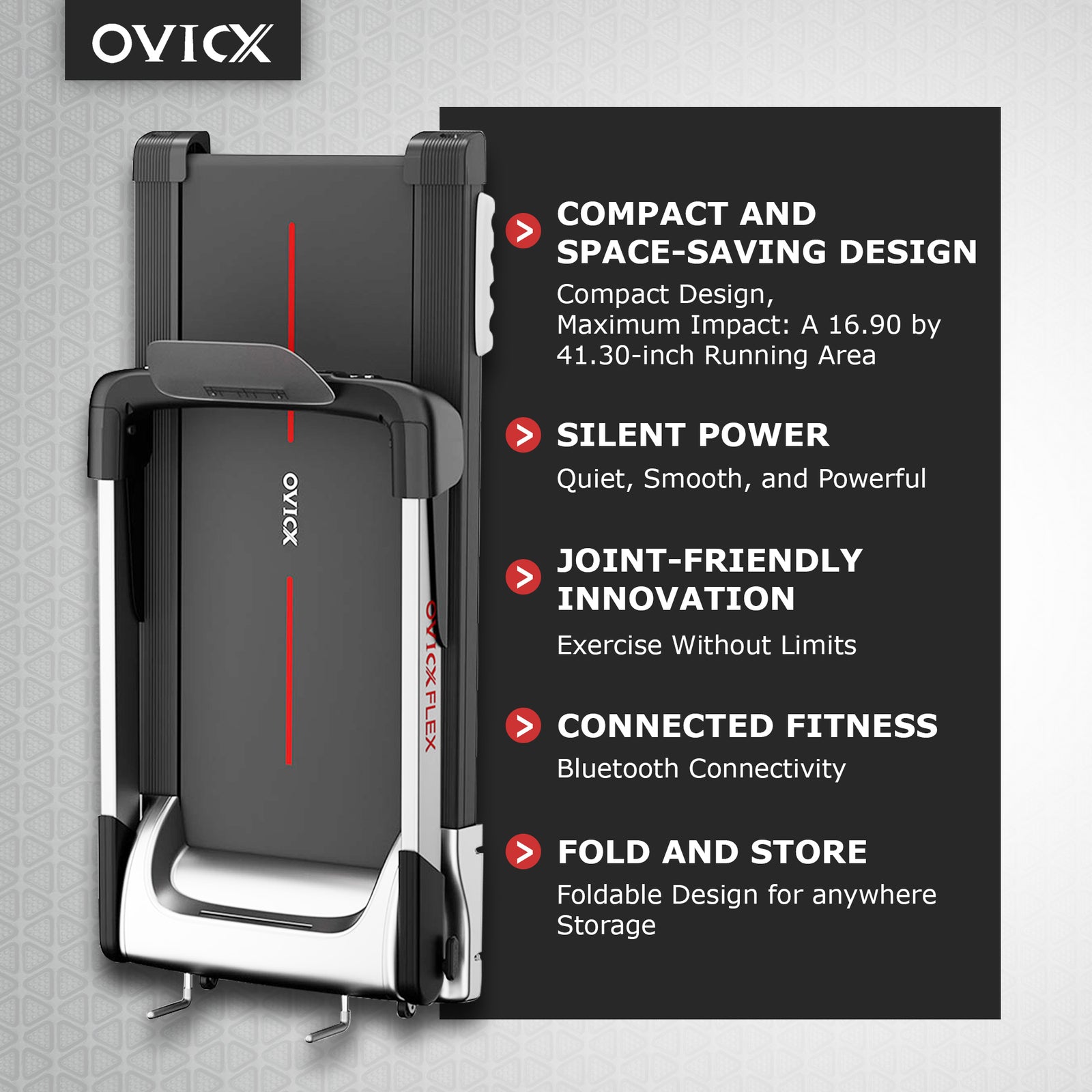 OVICX Quiet Folding Flex Treadmill w/ Bluetooth & Fitness Tracking App(Open Box) - VMInnovations