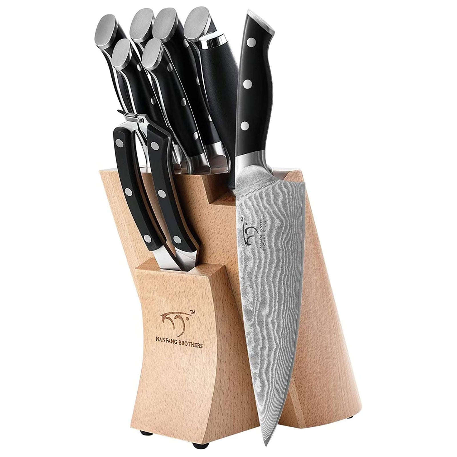 Nanfang Brothers Damascus Kitchen Knife Set with Beechwood Block, 9pc (Open Box) - VMInnovations