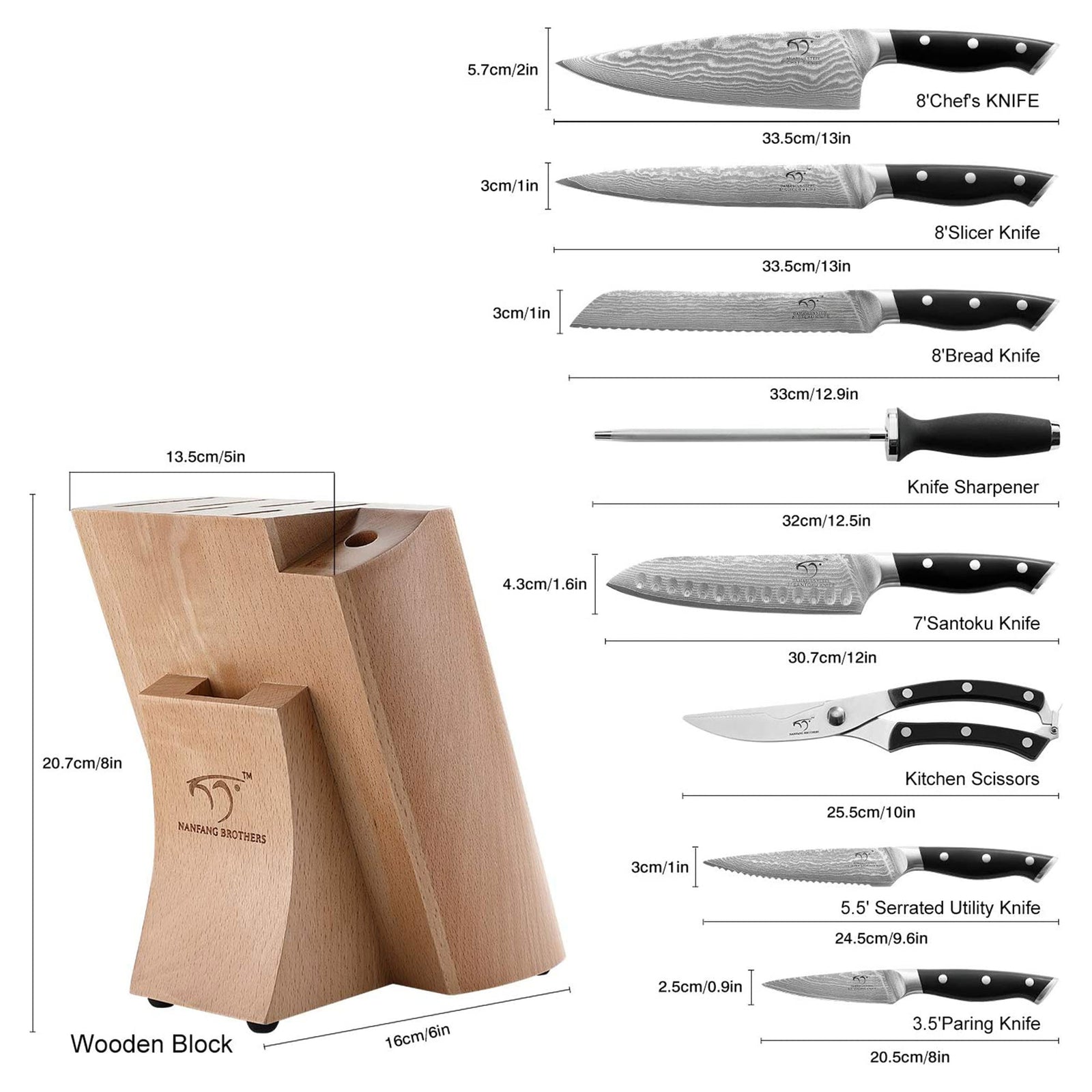 Nanfang Brothers Damascus Kitchen Knife Set with Beechwood Block, 9pc (Open Box) - VMInnovations