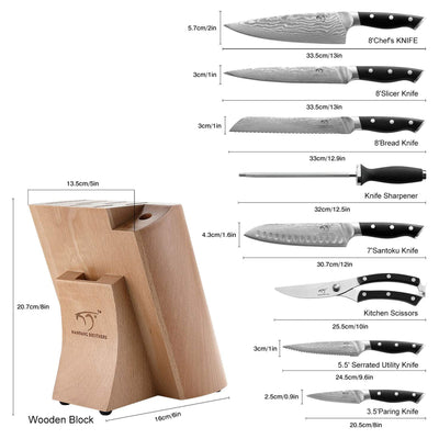 Nanfang Brothers Damascus Kitchen Knife Set with Beechwood Block, 9pc (Open Box) - VMInnovations