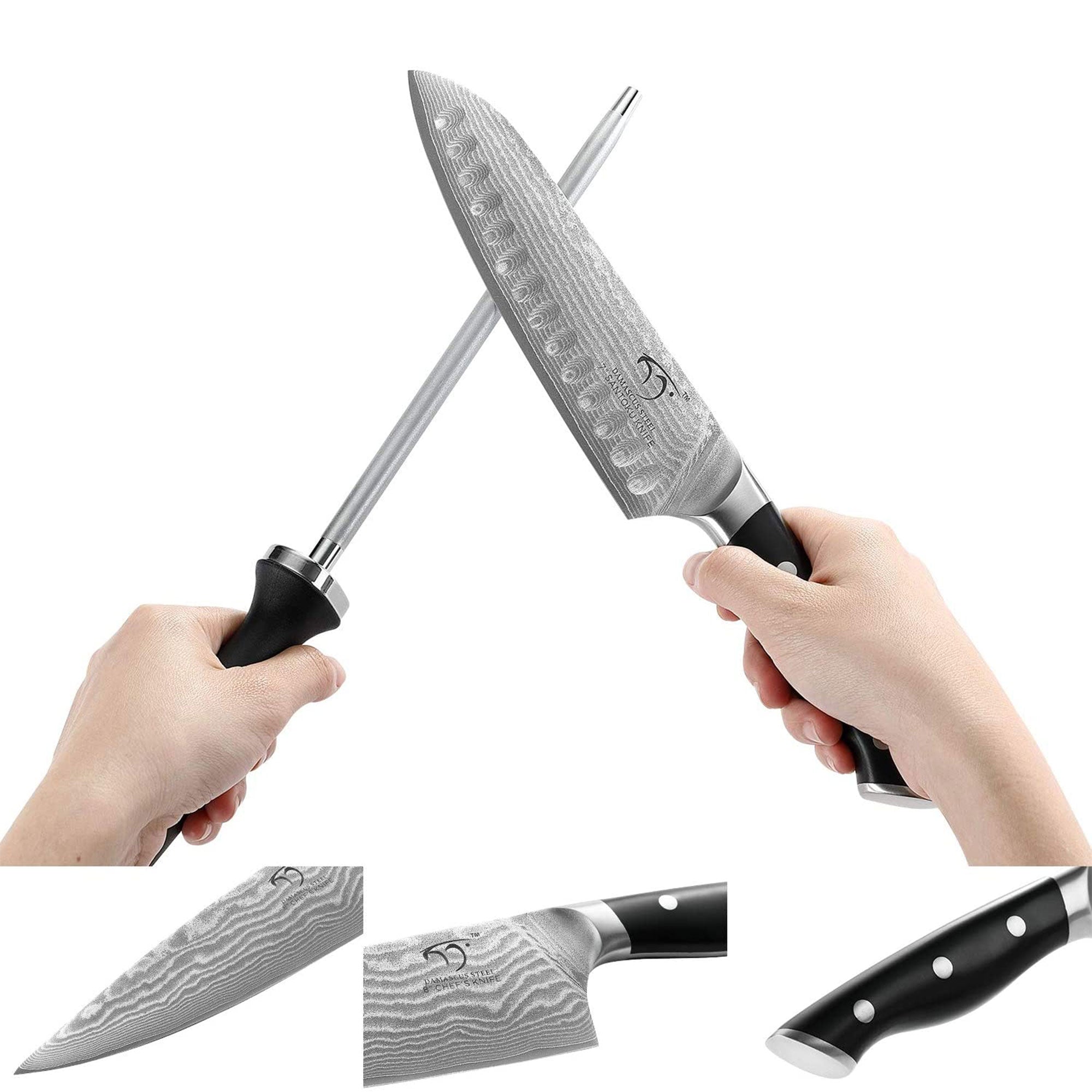 Nanfang Brothers Damascus Kitchen Knife Set with Beechwood Block, 9pc (Open Box) - VMInnovations