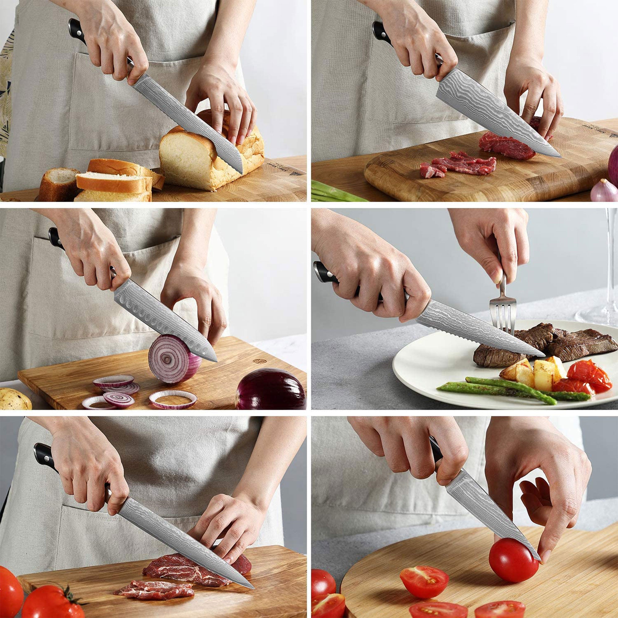 Nanfang Brothers Damascus Kitchen Knife Set with Beechwood Block, 9pc (Open Box) - VMInnovations