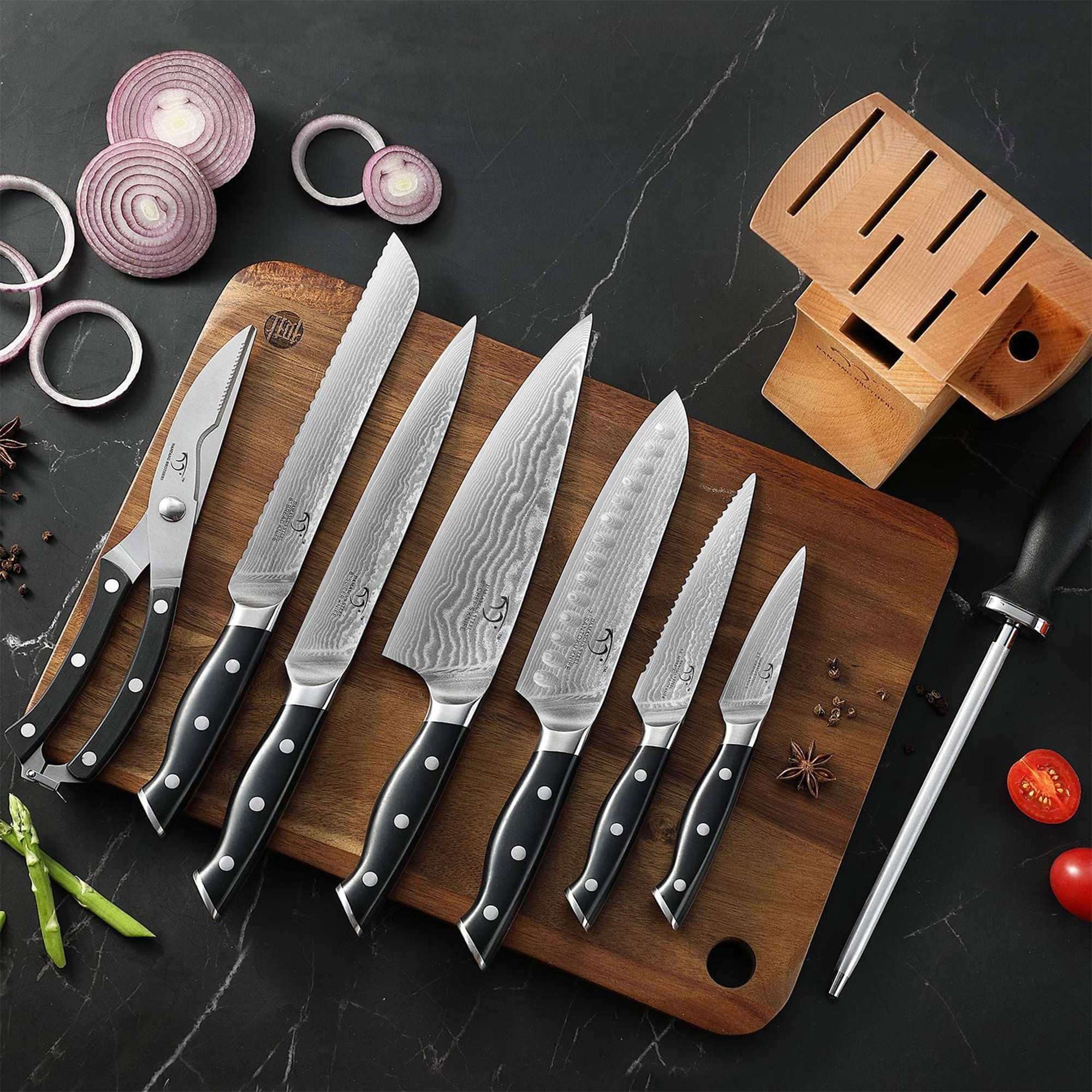 Nanfang Brothers Damascus Kitchen Knife Set with Beechwood Block, 9pc (Open Box) - VMInnovations